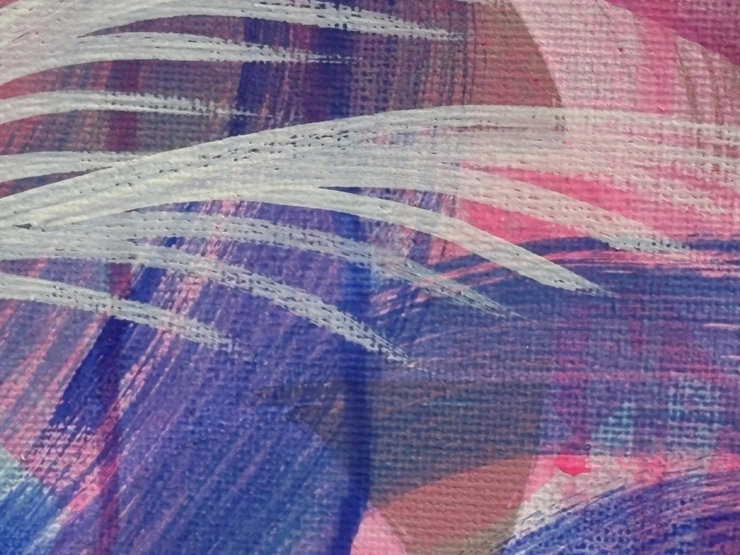 pROject spAce: miscellänea | Wednesday 30 April  – Friday 2 May 2025 | GOMA Gallery of Modern Art | Image: close-up of brushstrokes on canvas; loose strokes, layered, pink and blue underneath, white feathery strokes on top, a bit like bird wings 