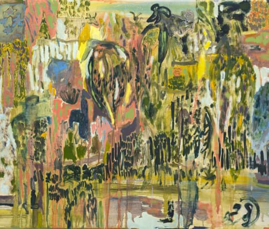 Richard Proffitt: Ranchlands, 2023 | Stephanie Deady, Fionna Murray, Sarah O’Brien, Richard Proffitt: BOW | Friday 11 April  – Sunday 8 June 2025 | Limerick City Gallery | Image: Richard Proffitt: Ranchlands, 2023 | quite a liquid approach to painting, with paint free to flow down the canvas / support; there is a sense of a landscape – maybe–trees, maybe-hills, an indication of animals; the palette is mostly in yellows, pinkish orange, and dark greys to black 