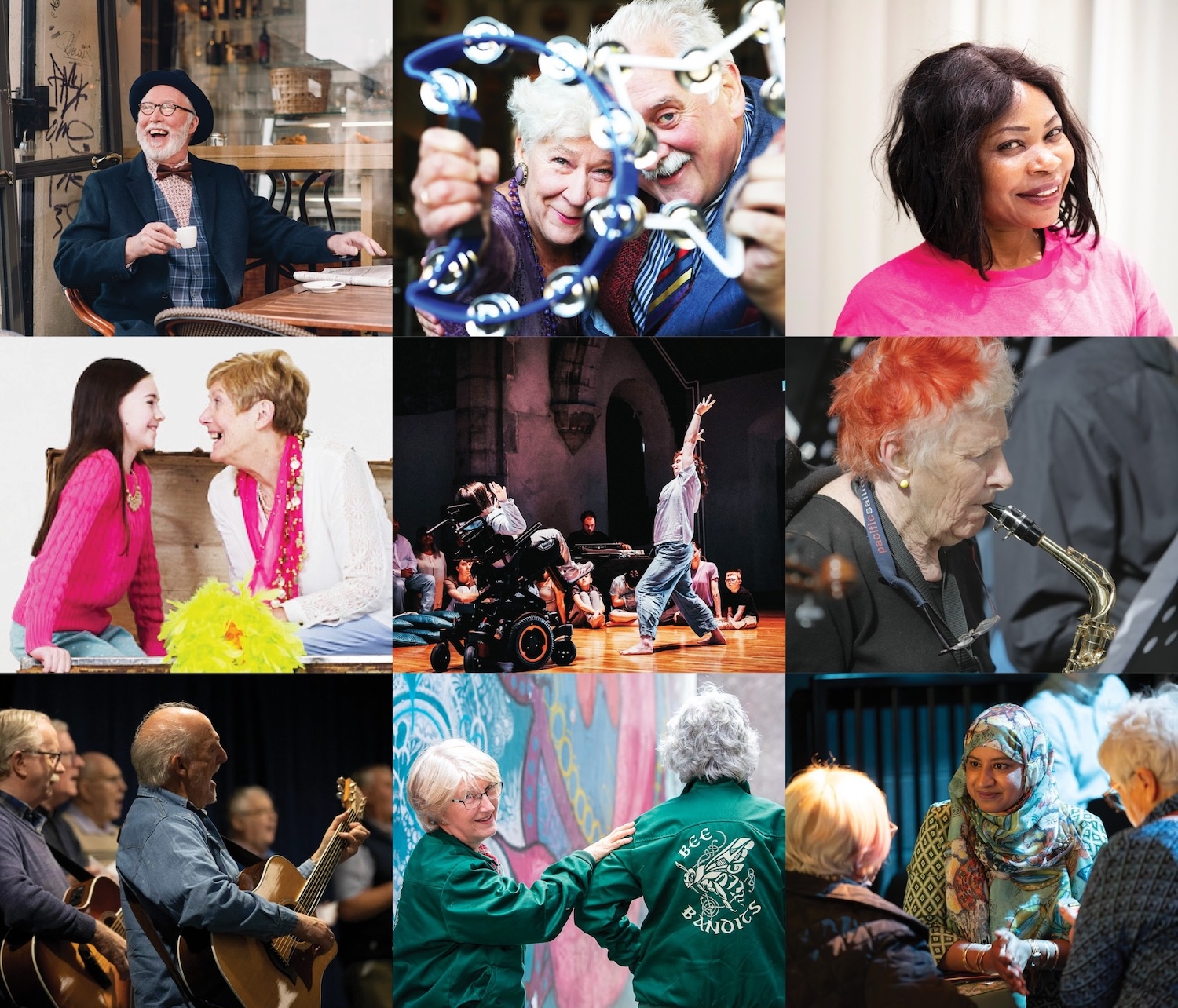 Bealtaine Exhibition 2025 | Saturday 3 May  – Saturday 31 May 2025 | Uillinn: West Cork Arts Centre | Image: a 3 x 3 array of square photos of various activities, mostly featuring older people; laughing figure at table, couple with tambourines (?), smiling person in pink top, pair chatting, one much younger than the other, figure in wheelchair, another figure possibly dancing, readhead playing saxophone(?), older folk with guitars, singing, pair wearing green Bee Bandits tops, three figures in conversation, one wearing large colourful scarf