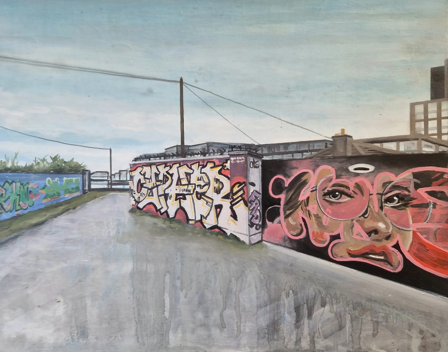 David Fox: Urban Fingerprint | Saturday 10 May  – Sunday 8 June 2025 | GOMA Gallery of Modern Art | Image: painting of graffitied walls, probably around the Grand Canal Dock area of Dublin; wet day, with walls reflected in concrete path / roadway; on the right we see two graffiti works, the one farther away from us just a jumble of letter shapes in white against a pinkish background, the one nearer us seems to be a combination of a tag and facial features of a long-lashed, glasses-wearing person – of whom we see only eyes, nose, and some mouth – looking back at us 