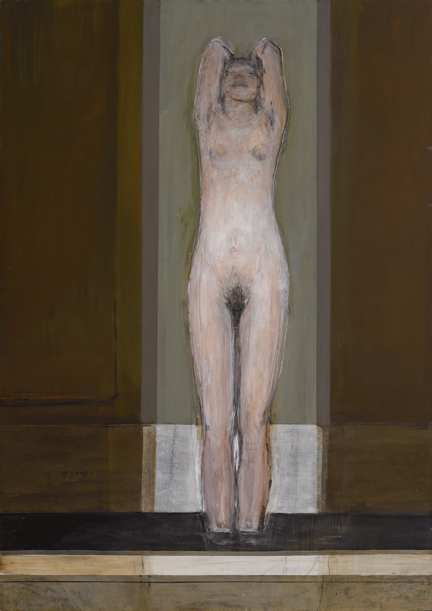 Karl Weschke, Girl in Bath, 1978, oil on canvas, 183 x 130 cm | Karl Weschke: Painting order out of chaos | Friday 6 June  – Friday 29 August 2025 | Hillsboro Fine Art | Image: Karl Weschke, Girl in Bath, 1978, oil on canvas, 183 x 130 cm | view fro above of figure in bathtub 