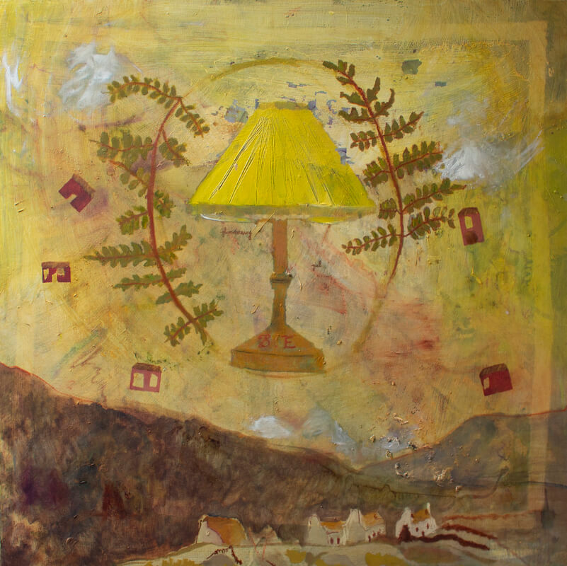 Sarah Long: Motherhood, Birth Control, oil and mixed media on canvas, 80 x 80cm | Sarah Long: Aisling Is A Dream | Saturday 31 May  – Saturday 28 June 2025 | SO Fine Art Editions | Image: Sarah Long: Motherhood, Birth Control, oil and mixed media on canvas, 80 x 80cm | the underlying imagery is a yellow / brown-tinted traditional landscape with with some traidtional whitewashed cottages with thatched roofs nestling at the base of a hill, with a further hill in the background; the sky is a palimpsest-like yellow; superimposed on it are some rectangular-ish shapes in maroon, smallish; and two sprigs of fern that surround, much like laurels might have if a hero or heoine were being depicted, a table lamp with a bright yellow lampshade and a slightly ornate base and column; on the base are some characters in red, maybe ‘B’ or ‘3’ and ’E’ 