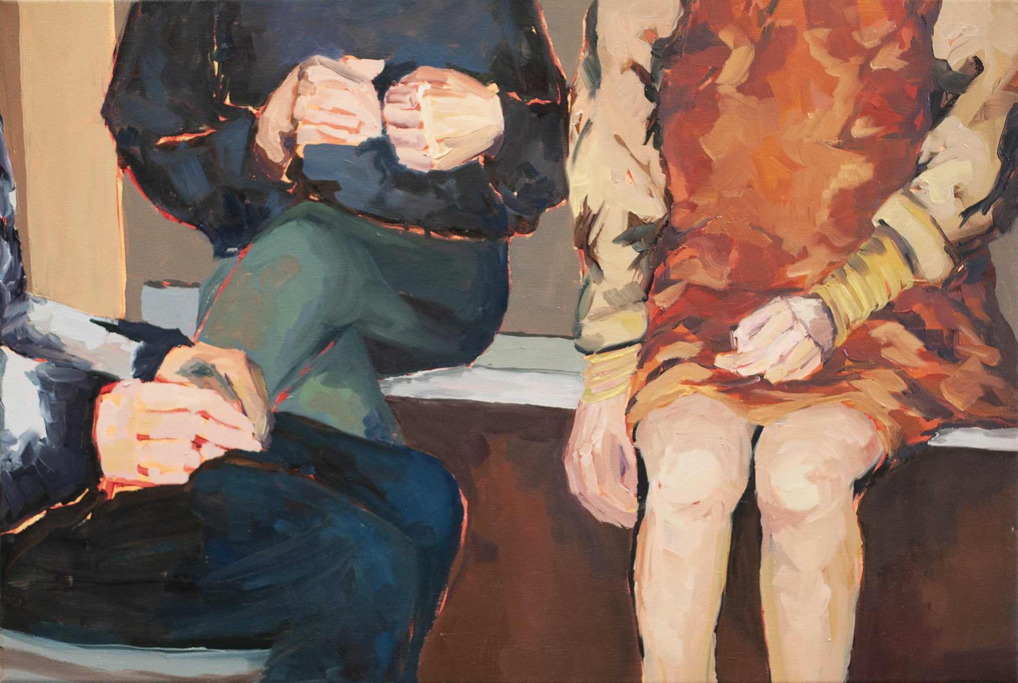 Susan Birney-Gossage | Vision – SETU BA Hons. Degree Show | Friday 16 May  – Wednesday 4 June 2025 | Wexford Arts Centre | Image: Susan Birney-Gossage | painting in a fairly realist style; loose strokes over a what seems to be a pale ochre ground with outlining in strokes of red; three figures are sitting, but we only have partial glimpses of them: forearms in a sweater, hands and thighs in jeans of figure on the left; similarly for the figure occupying most of the left side of the canvas, with the figure on the right similarly cropped, wearing a cream top that covers both arms and an orange knee-length dress with bare lower legs 