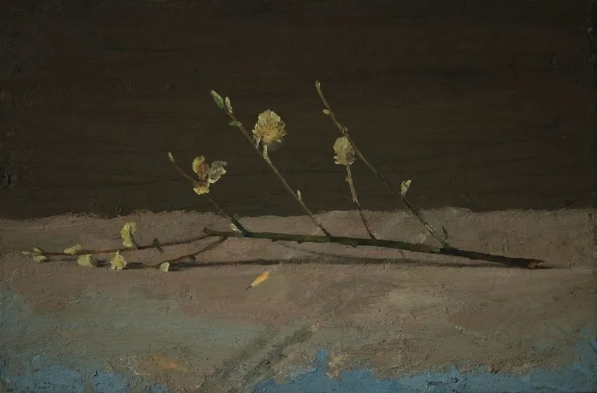 Conrad Frankel, Pussy willow with missile, oil on canvas | Conrad Frankel: Spring Opens Forever in Eternity | Thursday 15 May  – Sunday 8 June 2025 | Olivier Cornet Gallery | Image: Conrad Frankel, Pussy willow with missile, oil on canvas | realistic, academy-style painting of a sprig of pussy willow (presumably) stretching horizontally across the canvas; it bears what appear to be a few flowers; the background of the upper part of the painting is broad-stroke black and brown, whereas the lower background / surface on which the pussy willow rest looks more like an inverted Himalayan landscape; we see a small missile apparently cross under the sprig, a long plume of flames and smoke behind it 