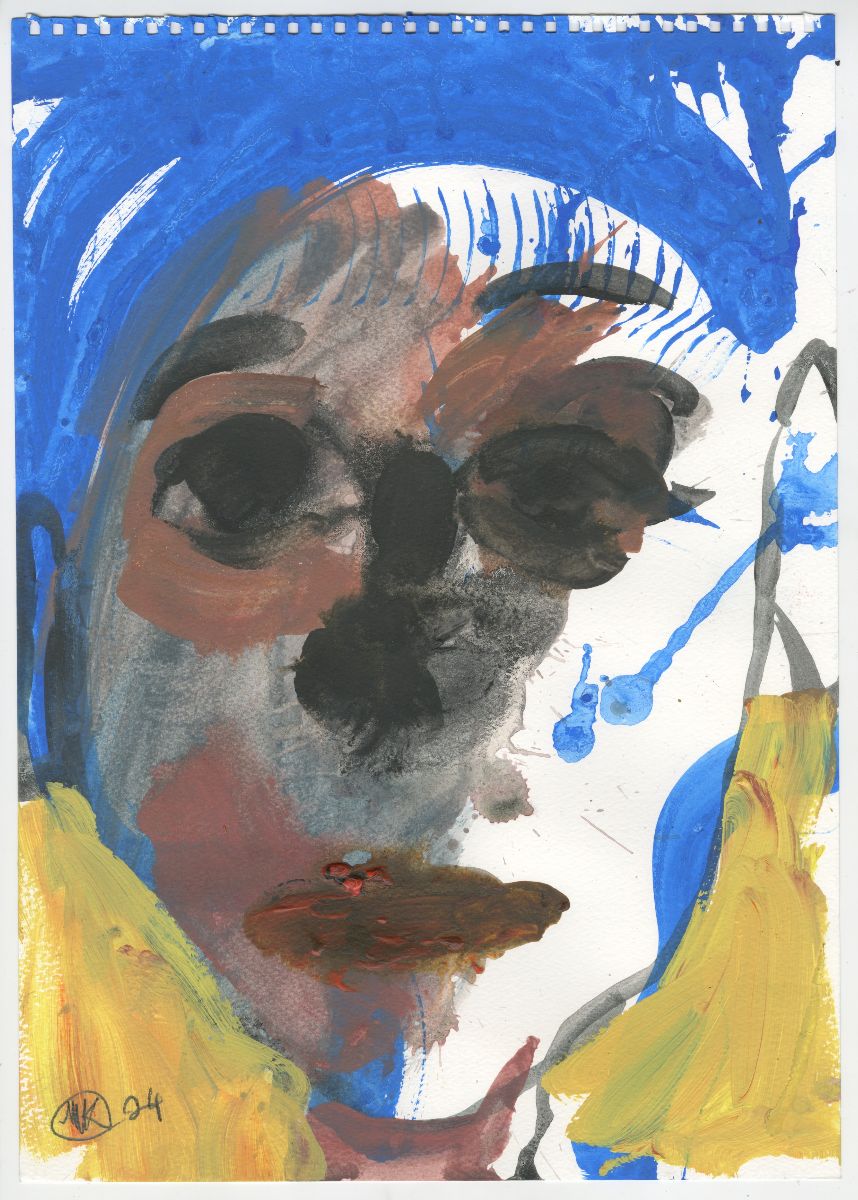 Michael Kane: Blue & Yellow Girl, 2024, acrylic on paper, 42 x 30 cm | Michael Kane: Works on Paper | Friday 23 May  – Friday 20 June 2025 | Taylor Galleries | Image: Michael Kane: Blue & Yellow Girl, 2024, acrylic on paper, 42 x 30 cm | a quickly sketched face, in bright paint, blue and yellow; the face fills most o fthe page, the figure apparently ha no hair; the left side of the face, as we see it, is apparently in shade; the background colour scheme is Ukrainian 