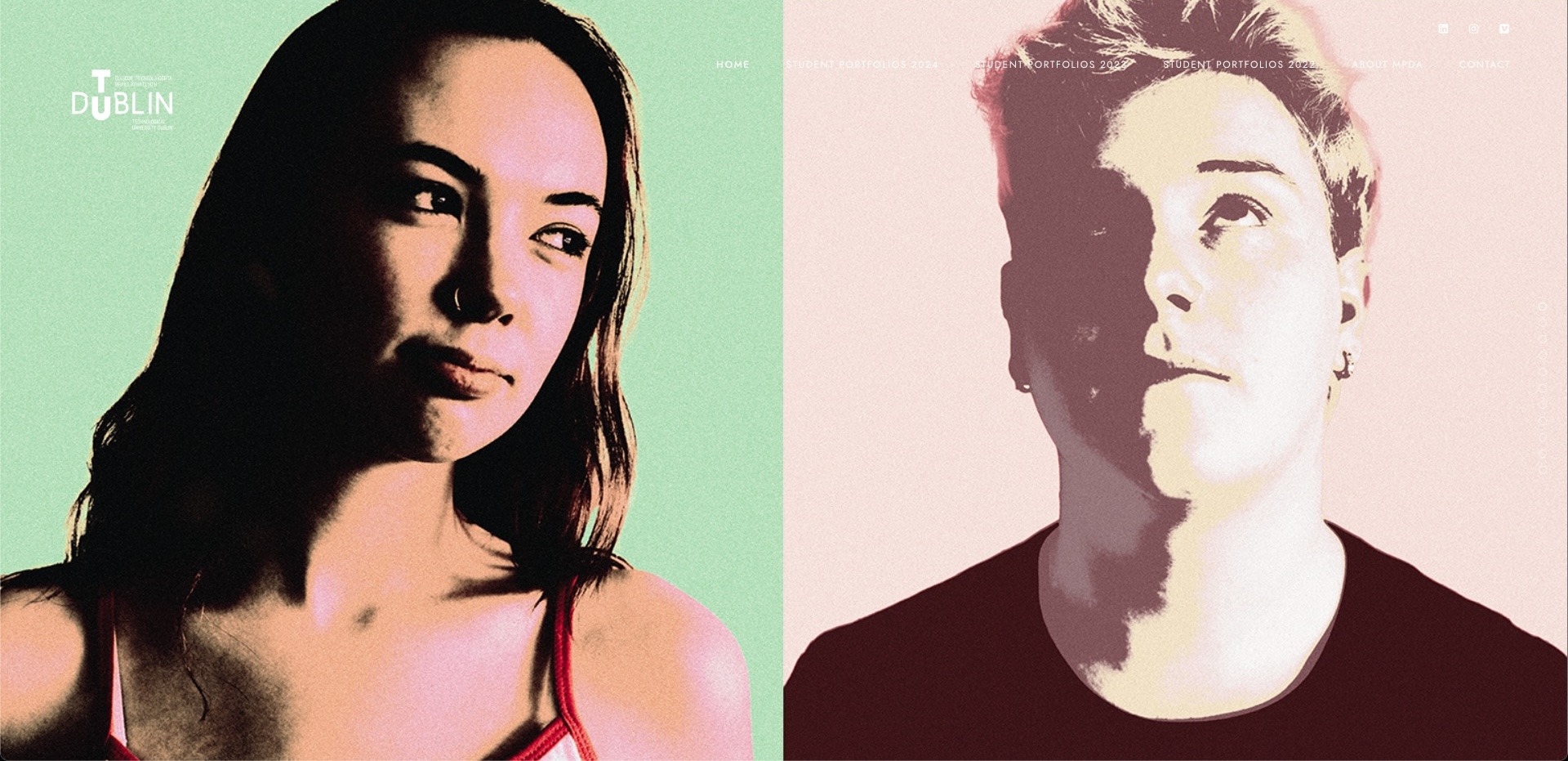 from mpda.ie | Techno Hysteria / Historia | Saturday 17 May  – Saturday 24 May 2025 | Rua Red | Image: from mpda.ie, shows headshots of two probable students; the coloration is somewhat solarised or otherwise posterised / distorted; the TUD logo is top left, in white 
