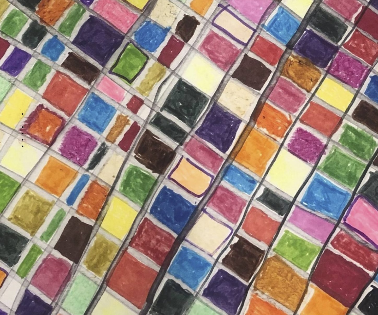 Art is Collective: Inner Space, Outer Place | Thursday 3 July  – Wednesday 30 July 2025 | Atypical Gallery | It’s not entirely clear what the image is, though it looks very much like a mosaic grid – except that some of the tiles appear to be coloured with watercolour or marker, and lines appear to have been drawn in black or purple marker; for the most part, the colours are bright hues 