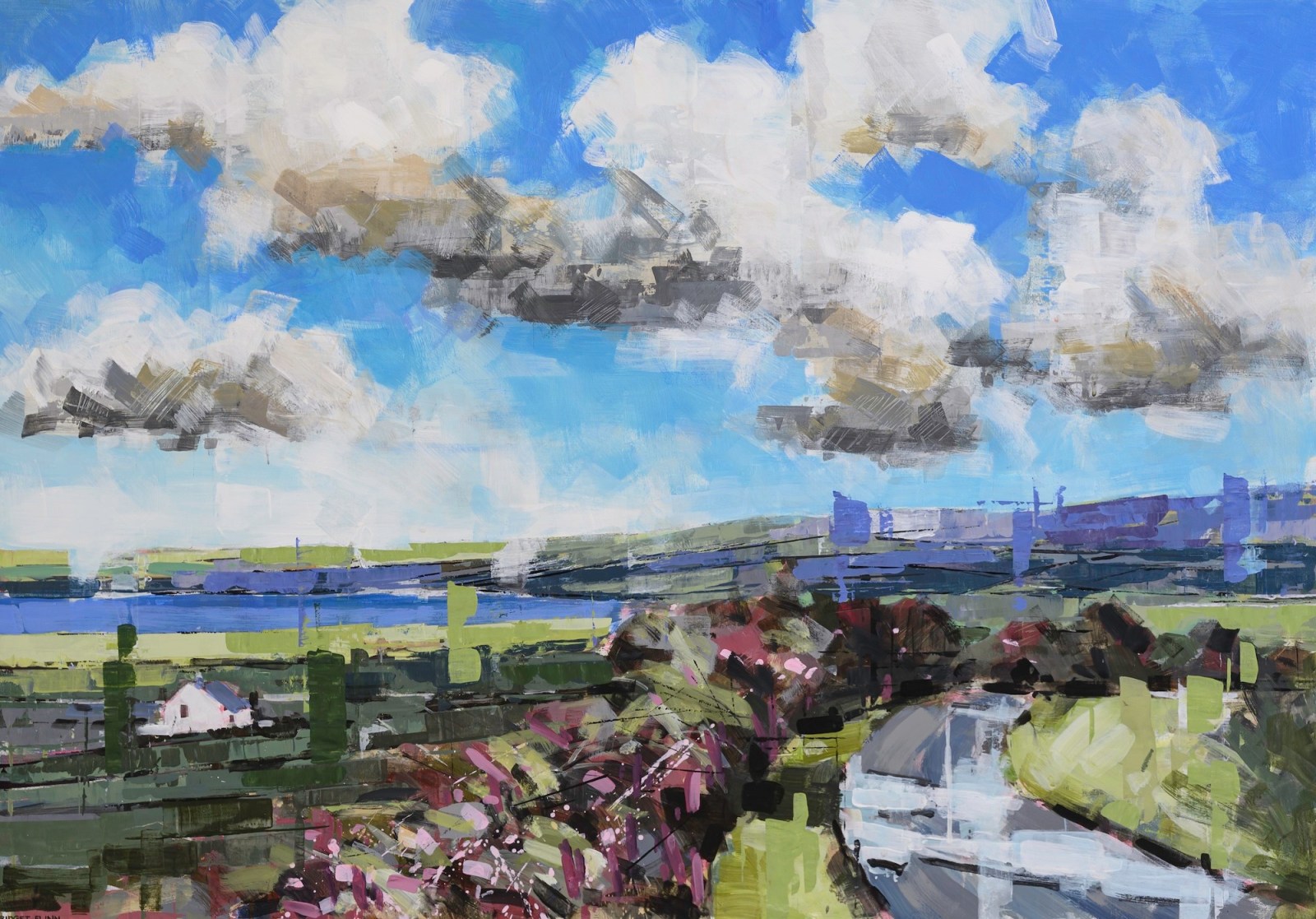 Bridget Flinn: Blackberry Lane, acrylic on canvas, 70 x 100cm | Bridget Flinn: Sunshine & Showers | Thursday 26 June  – Saturday 19 July 2025 | Solomon Fine Art | Image: Bridget Flinn: Blackberry Lane, acrylic on canvas, 70 x 100cm | painting, in which the strokes are deliberately very block-ish, sometimes scratched through after application; clouds in a blue sky, headland in the distance, lake or sea, then more land, probably countryside, probably hedgerow full of blackberries, lane to the right curving into what may be more hedgerows of blackberries; shapes on what seems to be a hill on the right are also similar to the shapes of tall buildings; these are depicted in broad blue strokes, with a hint of a crane on the skyline; so the lane may in fact be a wider road…  