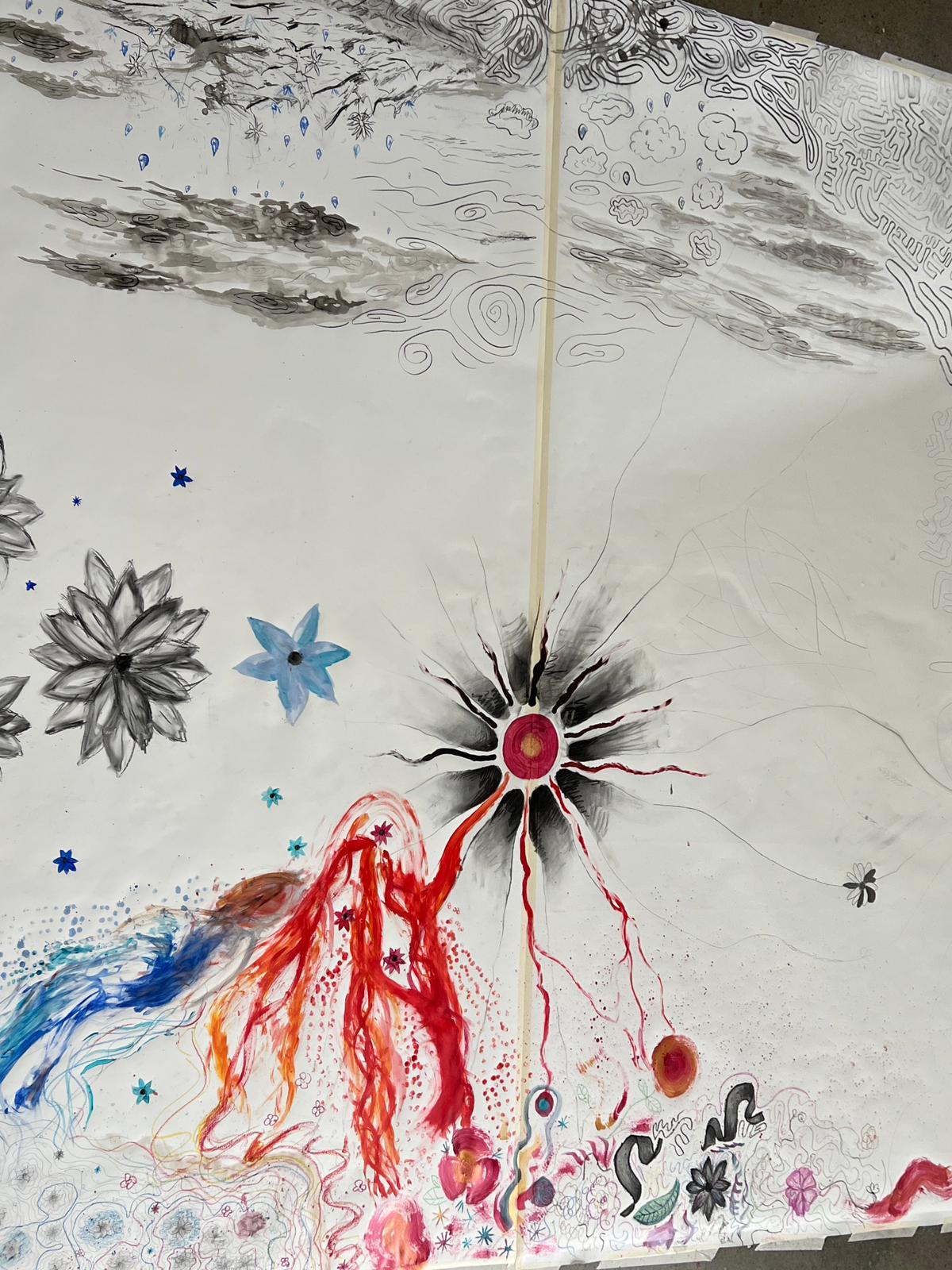 Between Dreams and Reality  | Saturday 7 June  – Saturday 28 June 2025 | Uillinn: West Cork Arts Centre | Image: drawn / painted artwork, possibly on paper; we seem to see what could be taken as a neuron, with its soma about two thirds of the way down the image and a bit to the right, with axons going straight up and straight down and dendrites speading out like a dark star; the body of this cell is red, with a dark-yellow nucleus; there are other shapes that resemble flowers or stars, and what appears to be red and blue hair, or something like the fauna of the seafloor 