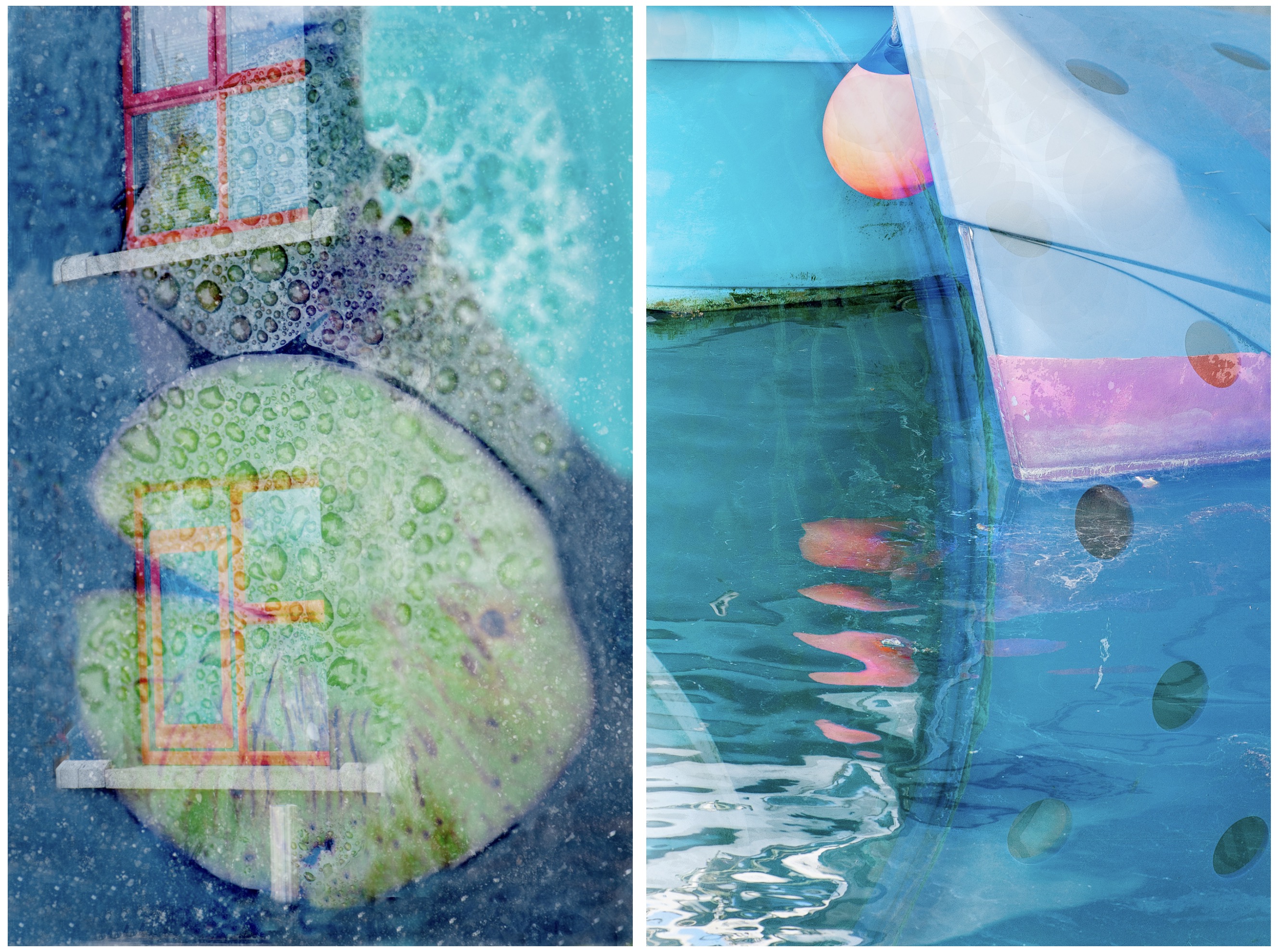 Marie Phelan | Marie Phelan: Seeing Double | Friday 30 May  – Thursday 10 July 2025 | Wexford Arts Centre | Image: two photos side by side by Marie Phelan; each is about twice as high as it is wide, and each features double exposure – two images, one imposed on the other; in the left photo, we see two red-framed windows matched with an overhead show of a lily pad in dark water; in the right photo, we see the prow of a boat with reflections in the water, with another image superimposed, but it is hard to decipher – three round holes in a curving surface, with the possibility that the surface is mixed up with the line of the boat’s prow 