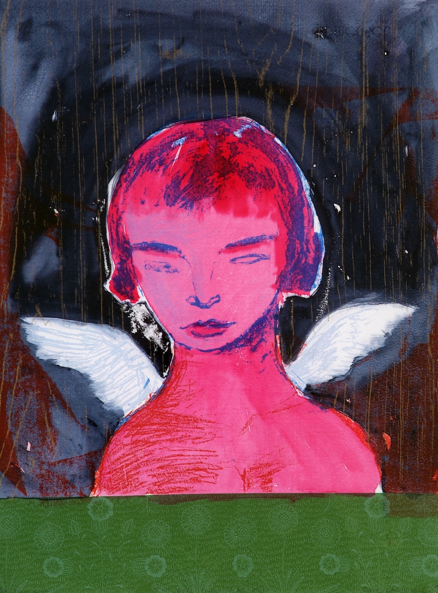 Paul La Rocque: In her Own Garden, Collection, Crawford Art Gallery Cork; © the artist | Grá | Saturday 12 July  – Saturday 20 September 2025 | Uillinn: West Cork Arts Centre | Image: Paul La Rocque: In her Own Garden, Collection, Crawford Art Gallery Cork; © the artist | painting, possibly with collage; we see the head and shoulders of a very red figure with small-ish white wings sprouting behind the shoulders; this is all against a dark sky with a wood-grain pattern, but also with a green area occupying the bottom 20% of the image; it has a flower pattern 