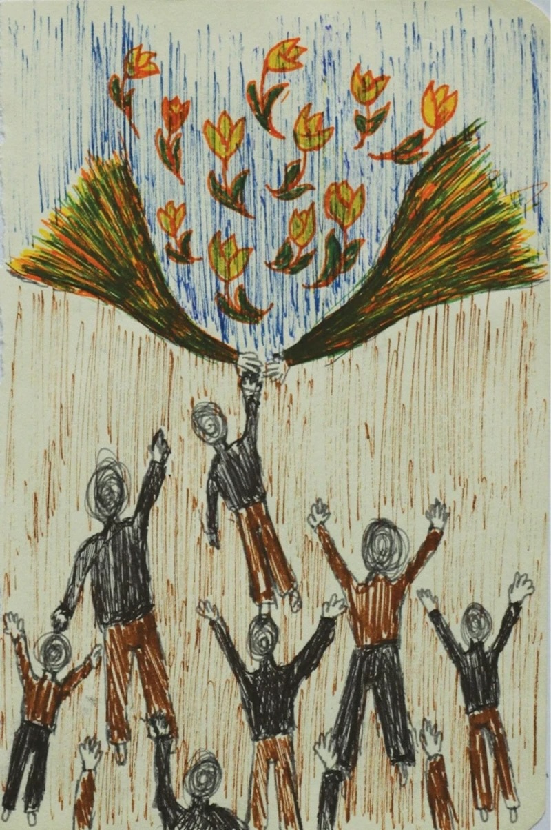 Impressions | Monday 16 June  – Monday 30 June 2025 | Rua Red | Image: drawing, possibly with markers; we see people dressed in black and brown, hands reaching up towards the sky, and a pair of hand and the top of head reaching down from the top of the page 