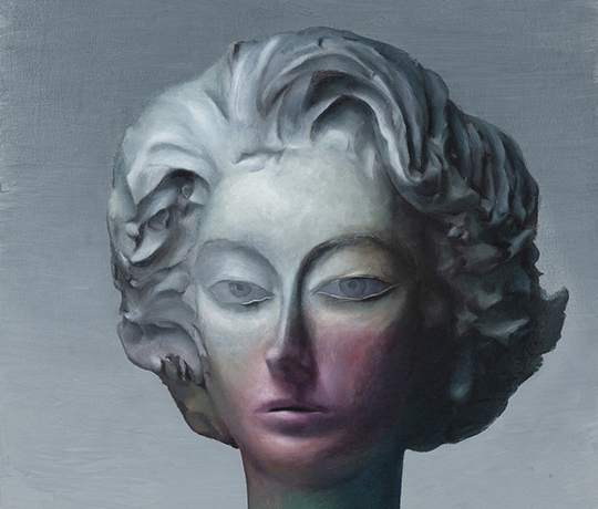 Damien Meade | On Waking | Friday 20 June  – Sunday 10 August 2025 | Limerick City Gallery | Image: Damien Meade | although it looks very much like a photo of a sculptured head, it is probably a painting; we see a face looking at us, grey towards the top, dark purple towards the bottom, bouffant hair, looking back at us; lit from upper left 