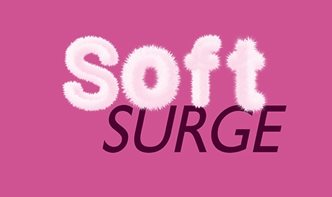 SOFT SURGE | Friday 27 June  – Sunday 7 September 2025 | Luan Gallery | Image: the two words ‘Soft’ and ‘Surge’ one above the other above a saturated-pink background; the ‘Soft’ is soft and warm and fuzzy and furry looking in pinkish white, while the ‘Surge’ is in black, in italicised caps and a fairly thin sans-serif font; it is slightly overlapped by the ’Soft’ 