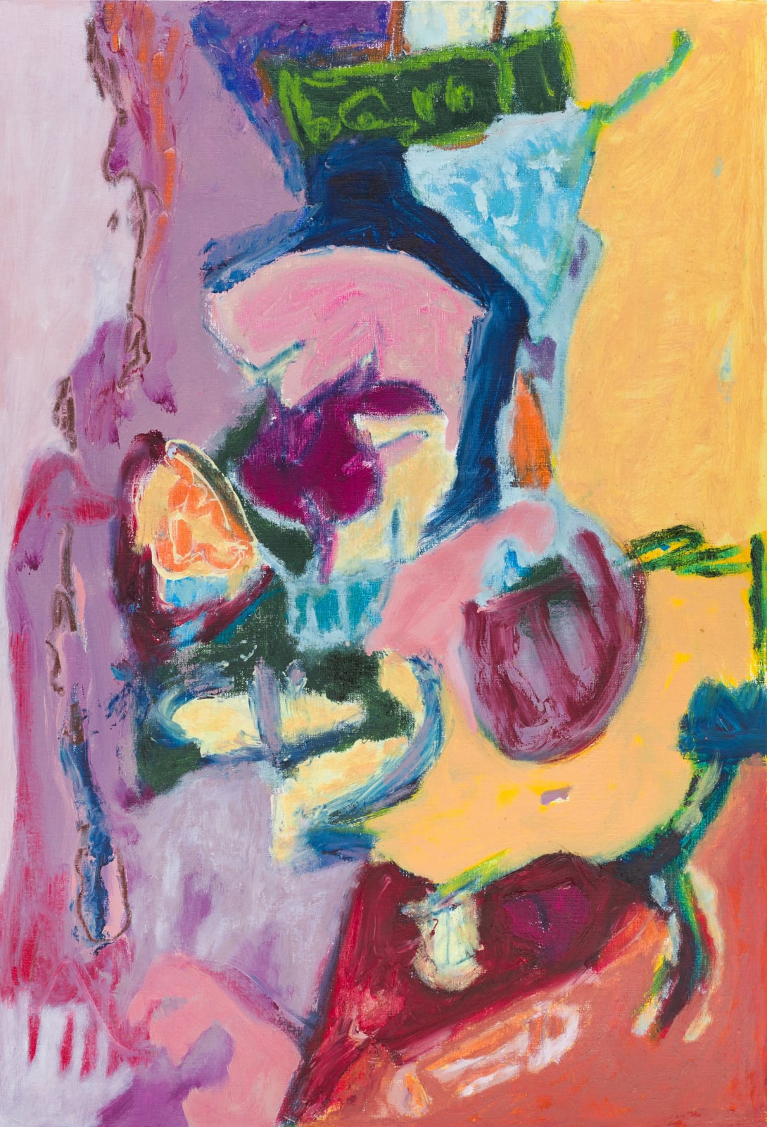 Sarah Dwyer: Two Feet Under, 2024, oil and oil bar on gessoed oil paper; 64 x 48 cm | A Glimmering Arc | Friday 27 June  – Saturday 19 July 2025 | Taylor Galleries | Image: Sarah Dwyer: Two Feet Under, 2024, oil and oil bar on gessoed oil paper; 64 x 48 cm | abstract painting of mostly bright shapes and visible paintstrokes; otherwise very hard to describe…