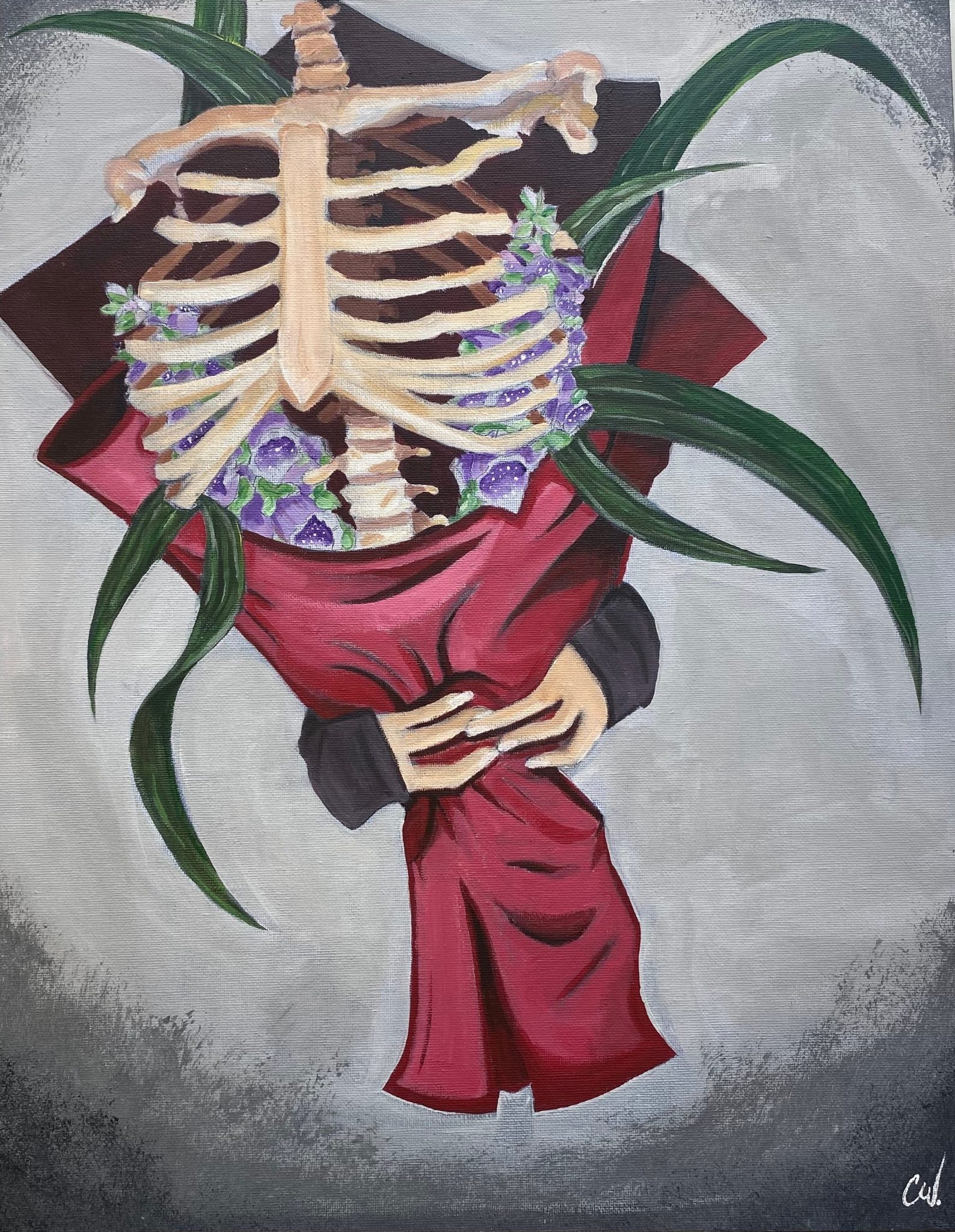 Claudia Williams: Bouquet from Beyond | Connecting Artists Collective: Group Exhibition | Thursday 7 August  – Thursday 28 August 2025 | Atypical Gallery | Image: Claudia Williams: Bouquet from Beyond | in the painting we see two hands – the rest of the body is not visible – holding a red-wrapped bouquet of flowers … only among those flowers is a partial skeleton, mostly ribcage; dark-green leaves extend out of the bouquet in a fairly threatening manner, and the flowers may be foxgloves; the background is a pale to dark grey 