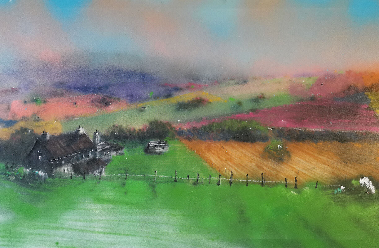 John O'Flynn: Growing, unique, spraypaint on panel, 67 x 100cm | Summer Show 2025 | Saturday 2 August  – Wednesday 27 August 2025 | SO Fine Art Editions | Image: John O'Flynn: Growing, unique, spraypaint on panel, 67 x 100cm | a hazy landscape in saturated colours; fields; a fence with a large house on the other side; misty hills 