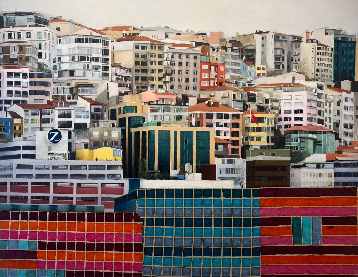 Garrett Cormican: Byzantium, oil and collage on canvas, 150 x 190 cm | Garrett Cormican: Trading Places | Friday 1 August  – Saturday 23 August 2025 | Taylor Galleries | Image: Garrett Cormican: Byzantium, oil and collage on canvas 150 x 190 cm | we see a colourful cityscape of modern buildings more or less stacked against each other as they climb a hill; it is mostly about the patterns that the buildings make – the rows of windows, the spaces between, the contrasting designs 