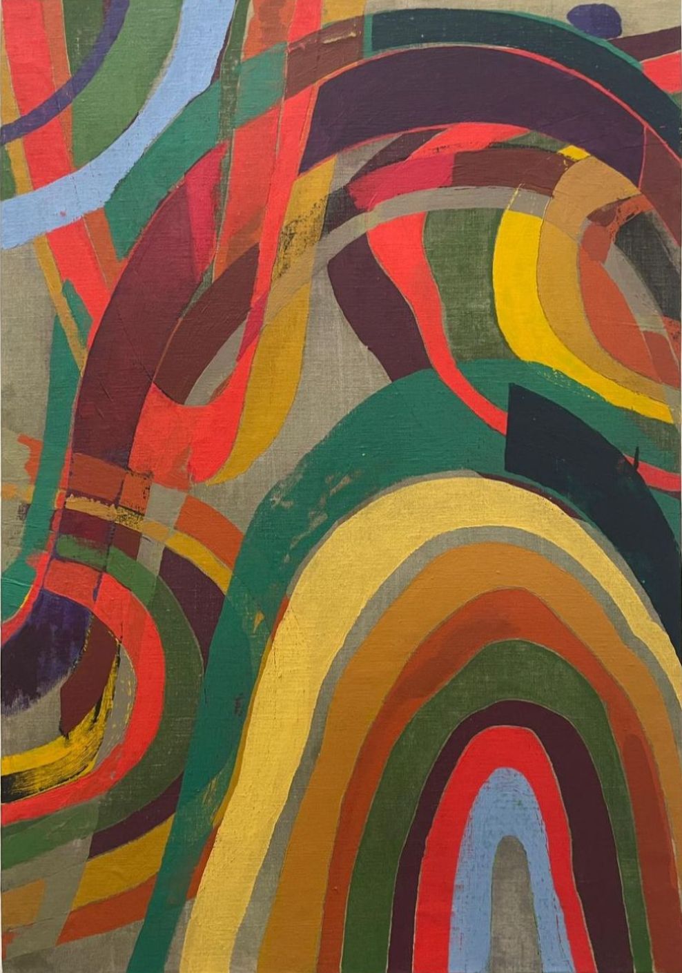 Mark Joyce: Cassini II, 2025, acrylic on raw linen on wood; 96 x 66 x 5cm | Earthly Delights | Friday 1 August  – Friday 19 September 2025 | Green On Red Gallery | Image: Mark Joyce: Cassini II, 2025, acrylic on raw linen on wood; 96 x 66 x 5cm | intertwining coloured swirls – each swirl largely the same colour, for the most part, though sometimes altered when it crosses another swirl; the swirls tend to be roughly in parallel; the raw linen shows through in places 