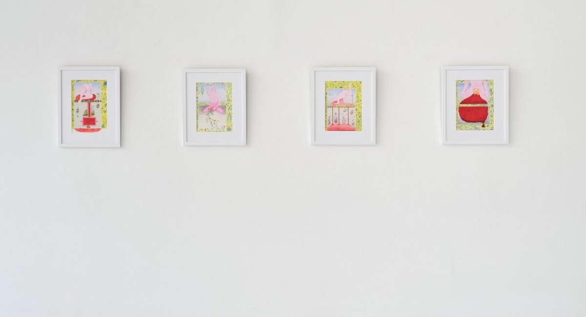 Samir Mahmood: Symplegmatic Portals | Saturday 12 July  – Saturday 13 September 2025 | SIRIUS | Image: four artworks, in white frames and mounts, side by side on a wall; they are probably quite small; strong coloration, but not easy to make out what is being depicted – something fairy-tale-like perhaps, in reds and yellows mostly; the patterned banding at the edges of the images are reminiscent of Mughal page-size works like you might see in the Chester Beatty 