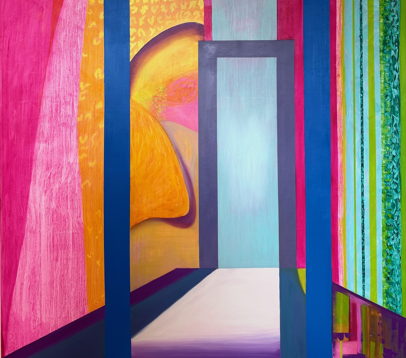 Karen Ebbs: Once a day, find yourself lost, 2025 | Karen Ebbs: An Outer Reflection of an Inner Reality | Friday 12 September  – Sunday 9 November 2025 | Municipal Gallery | Image: Karen Ebbs: Once a day, find yourself lost, 2025 | largely a purely abstract painting, but some perspectival effects hint at an open door-frame onto a bright outdoors, indicated by a white rhomboid stretching towards the viewer; other shapes contradict or reinforce the spatial illusion, and there is a feel of walls painted with high-colour shapes in pinks, oranges, greens, etc. 