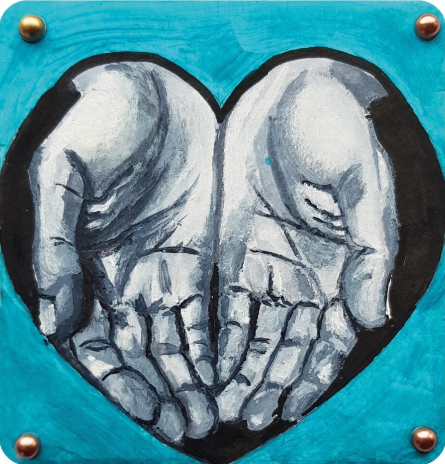 Art with a Heart | Thursday 21 August  – Saturday 6 September 2025 | Wexford Arts Centre | Image: photo of an artwork of two hands held out, together, painted in grisaille; they are framed inside a painted heart shape, which is against a turquoise background; there is a brass (?) stud in each corner of the square support 