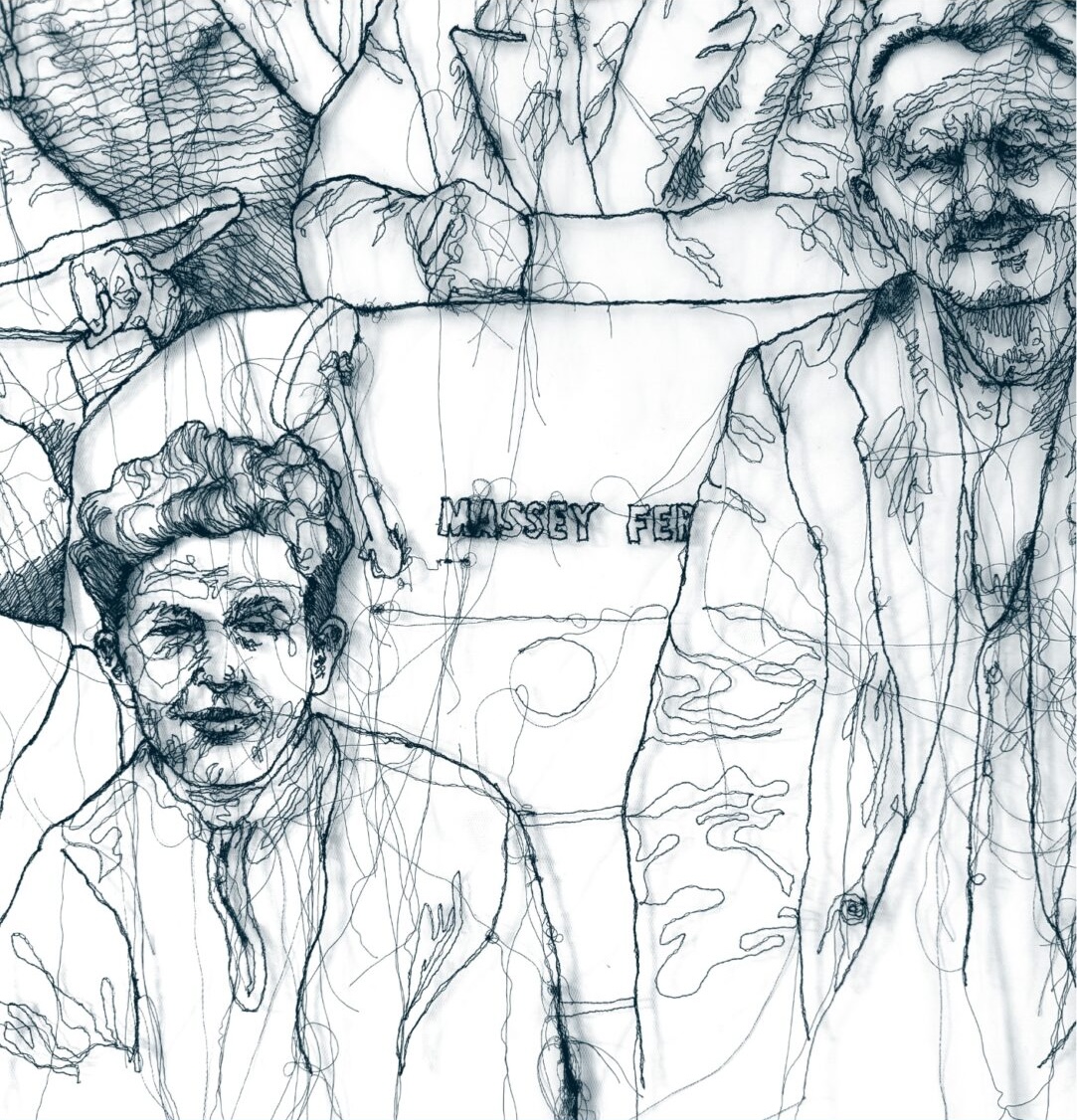 Ciara O’Connor: Grief’s Current Shape | Saturday 6 September  – Saturday 8 November 2025 | Garter Lane Arts Centre | Image: A drawing using dark thread against a pale uniform background; which we are seeing only a cropped part of a larger image; two figures are looking out at us; drawn quite figuratively, though long threads hang down randomly; the figures appear to be in jackets, maybe, and we can see hints of other figures; a tractor may be involved as well, as we can see the first eight and a half letters of the name Massey Ferguson 