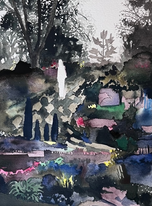 Laura McMorrow: Florence Court, 2024, ink on paper, 19 x 25cm | Laura McMorrow: The Gardener Digs | Friday 12 September  – Sunday 12 October 2025 | Royal Hibernian Academy | Image: Laura McMorrow: Florence Court, 2024, ink on paper, 19 x 25cm | much of what we see is a fairly normal garden-scape, though the palette is quite dark, against the white paper, which only shows through towards the top, particularly when it forms the shape of, apparently, a person standing on what may be a chessboard; and indeed there may be a side glance at that board a bit lower in the painting, though the shapes are not identifiably chess pieces 