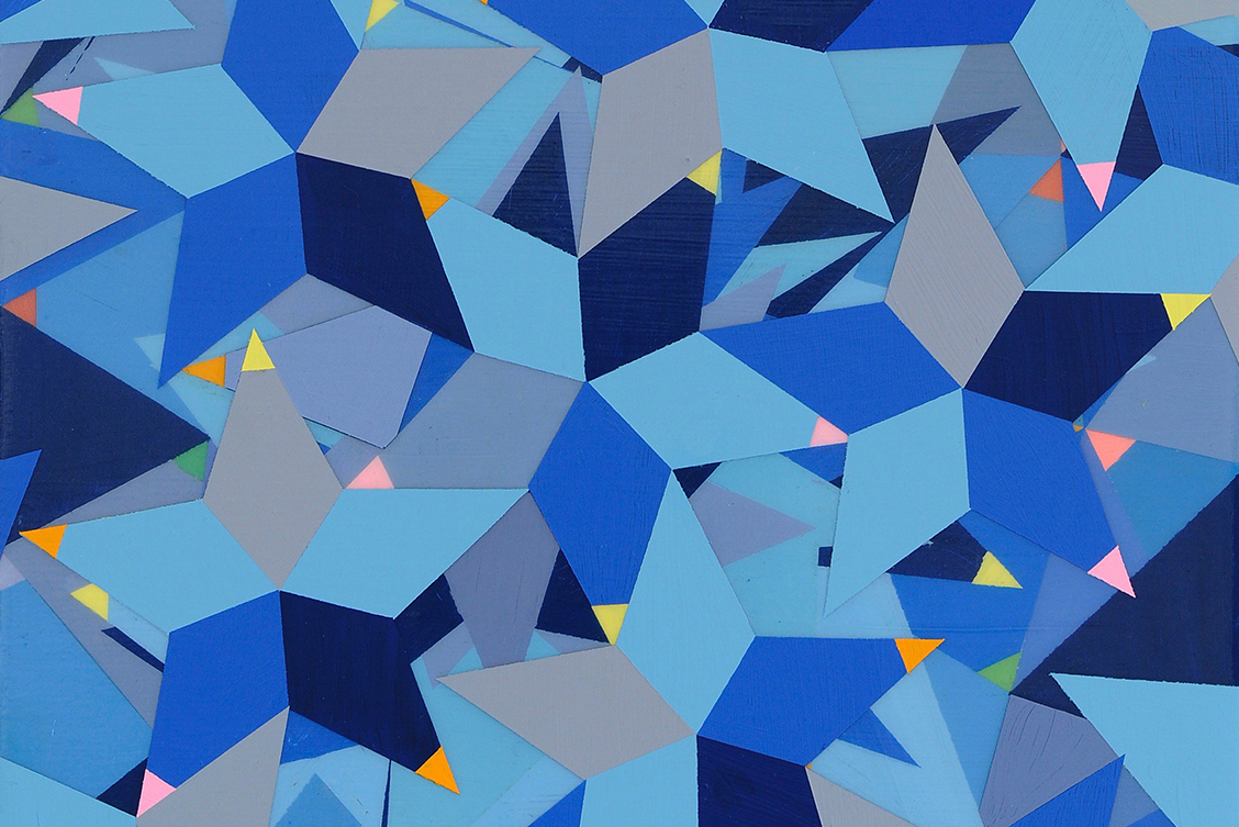Ronnie Hughes, Celest, 2019, acrylic co-polymer on plywood, 44 x 42cm (detail) | Of Peras and Apeiron: ends and infinity | Saturday 6 September  – Saturday 25 October 2025 | Solstice Arts Centre | Image: Ronnie Hughes, Celest, 2019, acrylic co-polymer on plywood, 44 x 42cm (detail) | abstract work, mostly in blues, with msaller trinagles of yellow, orange, pink; most shapes are diamonds, which resolve randomly into five-pointed stars; fun brain-bewilderer 
