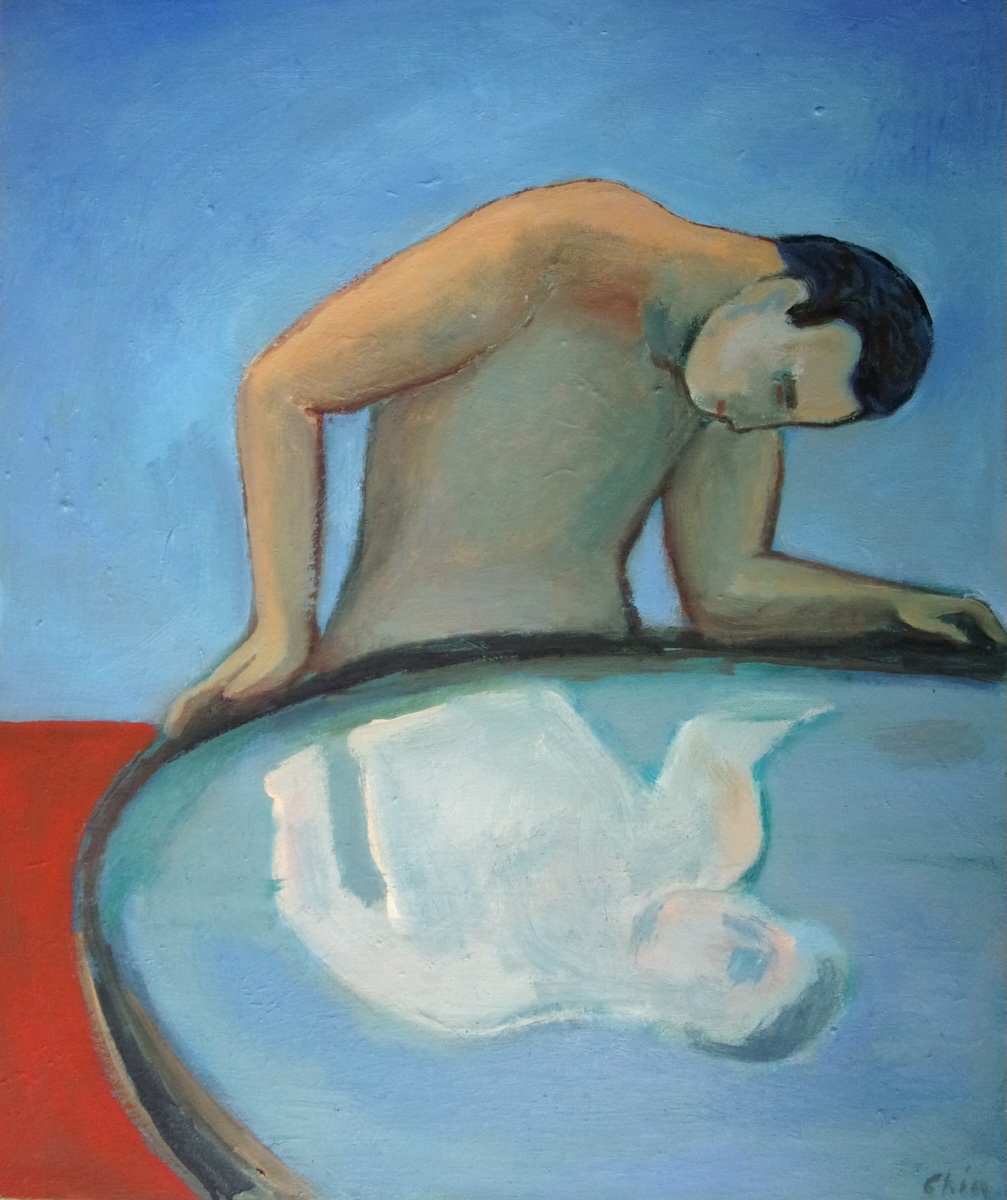 Sandro Chia, Narciso, 2012, oil on canvas, 65 x 54 cm | Three Decades On! | Thursday 4 September  – Saturday 25 October 2025 | Hillsboro Fine Art | Image: Sandro Chia, Narciso, 2012, oil on canvas, 65 x 54 cm | against a blue background – upper 60% of the canvas – and reddish-orange background – lower 40% of the canvas – we see a bare-topped figure staring downwards, transfixed, into what seems to be a very large bowl containing water almost to rim; the water reflect back the staring figure, palely 