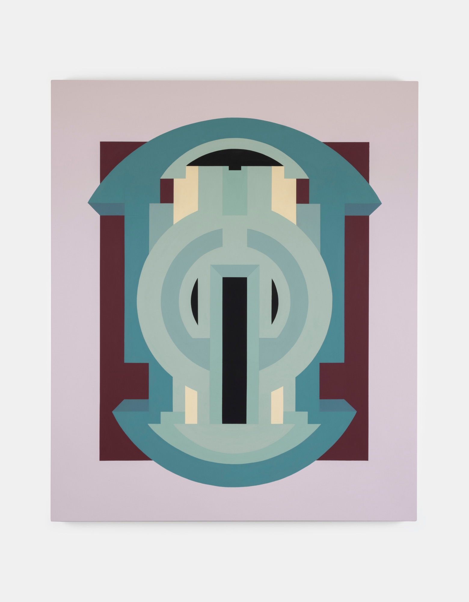 Hazel O’Sullivan: Winged-Beetle and Disc, 2025, acrylic on canvas, 210 x 170 cm / 82.7 x 66.9 in | Hazel O’Sullivan: Circa Ré | Friday 29 August  – Saturday 4 October 2025 | Kerlin Gallery | Image: Hazel O’Sullivan: Winged-Beetle and Disc, 2025, acrylic on canvas, 210 x 170 cm / 82.7 x 66.9 in | it is tempting to call this an abstract work, but in fact it uses enough 3D illusion to qualify as a represenation of an unlikely object, like a complex keyhole in shades of greyish-blue and cream, against a maroon and pale-purple background; we see a photo of the work hanging on a wall, straight in front of us, with slight shadows on the wall 