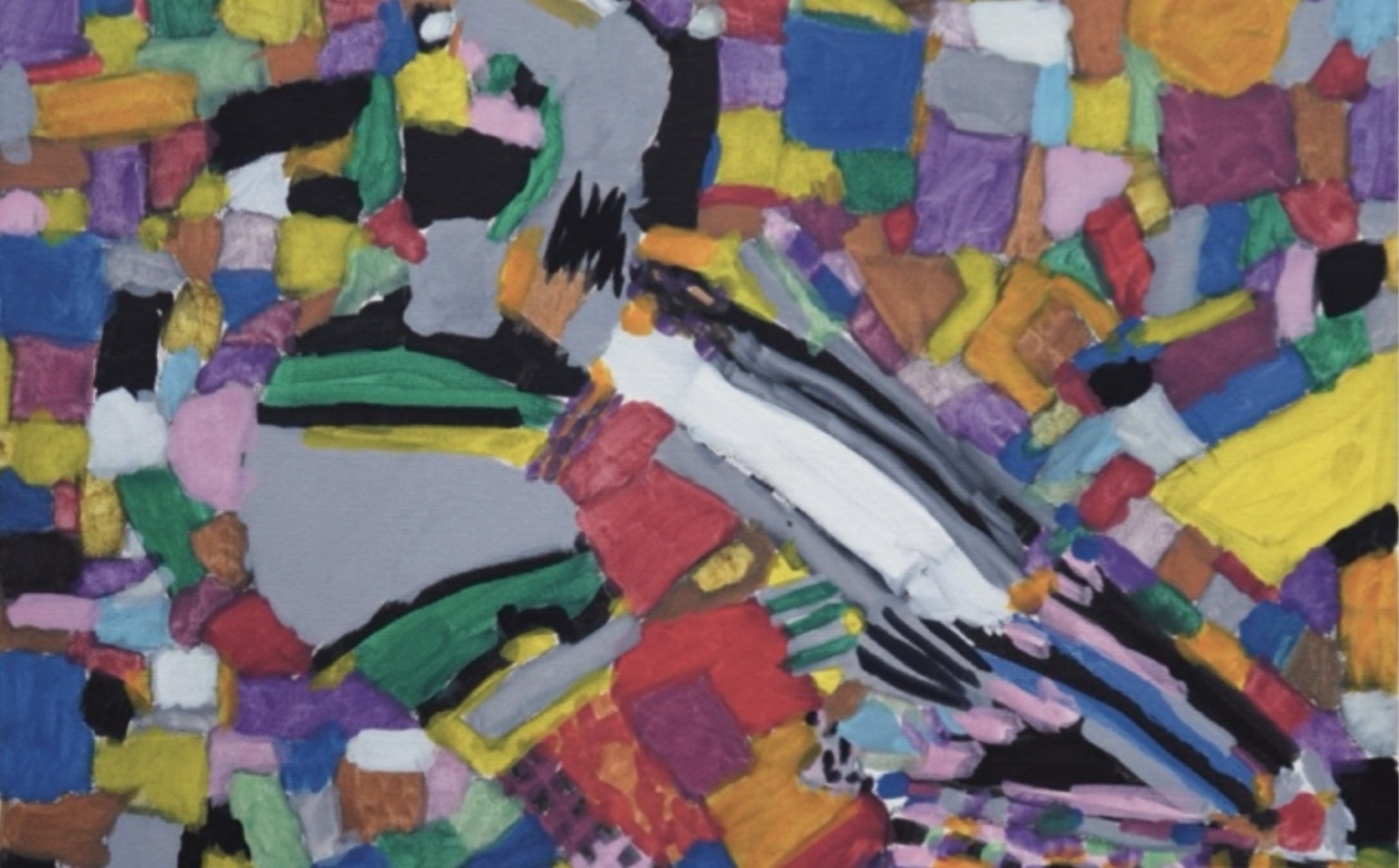 KCAT: The Known and Unknown World | Friday 12 September  – Sunday 26 October 2025 | Royal Hibernian Academy | Image: what appears to be a painting of a bird viewed from the side – but the shapes, including a very patterned background, are all made from patches of strong colour, with the exception of a few areas of grey 