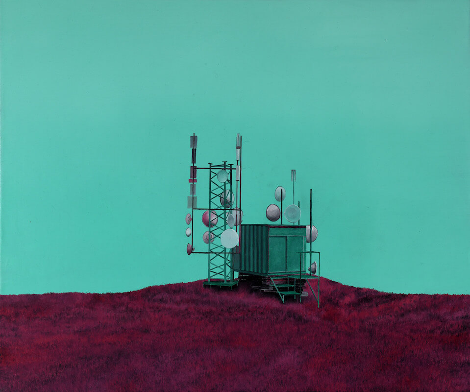 Pascal Ungerer: Transmutation | Emmanuel Matt & Pascal Ungerer: Congruence | Saturday 6 September  – Saturday 4 October 2025 | SO Fine Art Editions | Image: Pascal Ungerer: Transmutation | very photorealistic work; against a pale-ish turquoise sky and sitting on purple-red grass, we see a shortish metal container on  on short stilts; there is a metal staircase of three steps to a shut door; associated with this struck are maybe 30 reception / transmission disks, much like with a mobile-phone mast 