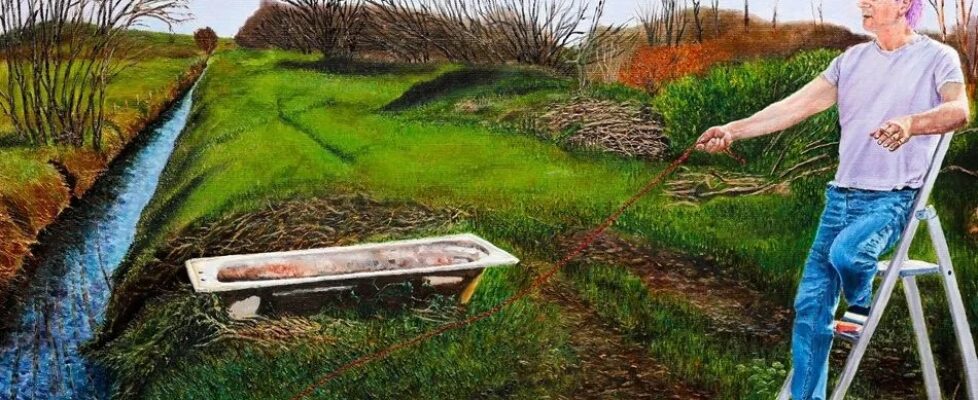 Daniel Lipstein, Self Portrait with a Pet and a Bathtub, (Climb 8), oil on linen, 71x85 cm, 2025