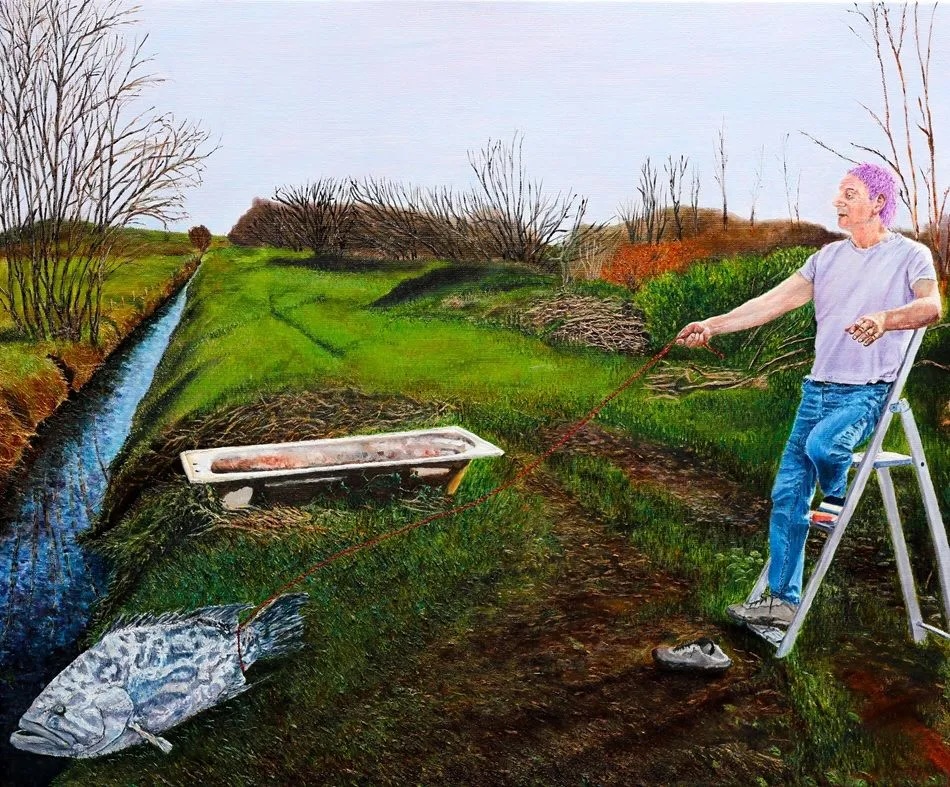 



Daniel Lipstein, Self Portrait with a Pet and a Bathtub (Climb 8), oil on linen, 71x85 cm, 2025







 | Daniel Lipstein: Self Portrait with a Pet and a Bathtub | Wednesday 8 October  – Sunday 2 November 2025 | Olivier Cornet Gallery | Image: Daniel Lipstein, Self Portrait with a Pet and a Bathtub (Climb 8), oil on linen, 71x85 cm, 2025 | country scene, by a narrow water channel between two green fields in wintertime; on the right we see a purple-haired someone, presumably the artist, given the work’s title, standing on the first and second step of a step-ladder; from the right hand a lead stretches towards a large fish that may be trying to escape into the gully but is, perhaps, restrained by. the lead; a bit farther from us is a bathtub, lying in the grass, looking pretty grubby; the sky is white 