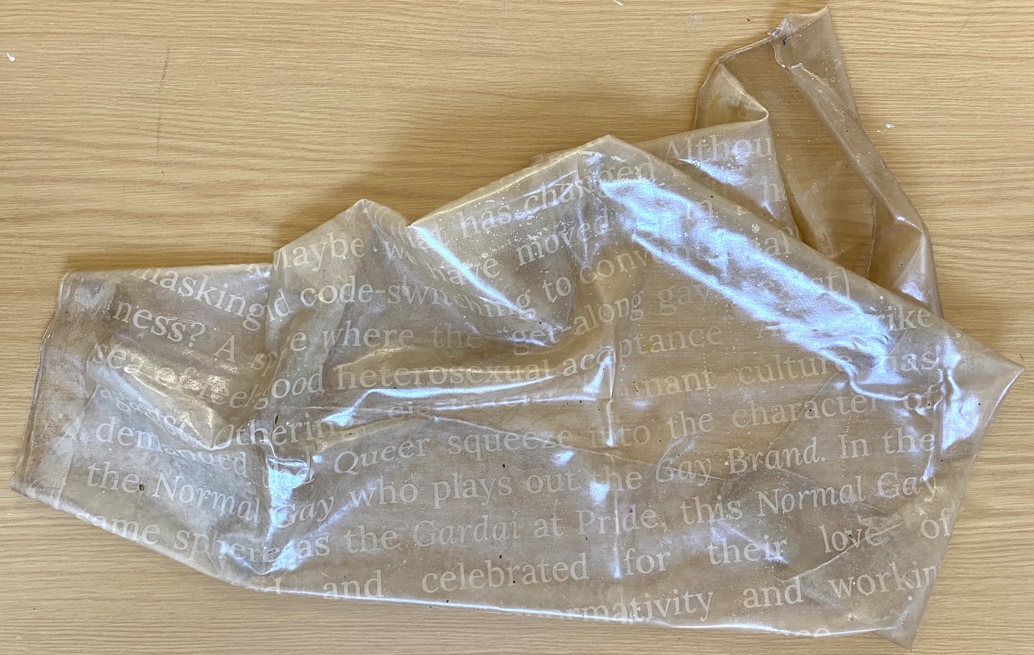 Maitiú Mac Cárthaigh | Wednesday 30 July  – Sunday 28 September 2025 | Triskel Arts Centre | Image: photo, of what seems to be a plastic bag of some sort; it’s viewed from above, probably, and it is lying on a light-wood-finish surface; the bag is transparent except where words have been written in a pale serif font; we can read, for example, “…the Normal Gay who plays out the Gay Brand in the…”; “…as the Gardaí at Pride, this Normal Ga…”; and so on; the bag is crumpled with daylight reflected here and there 