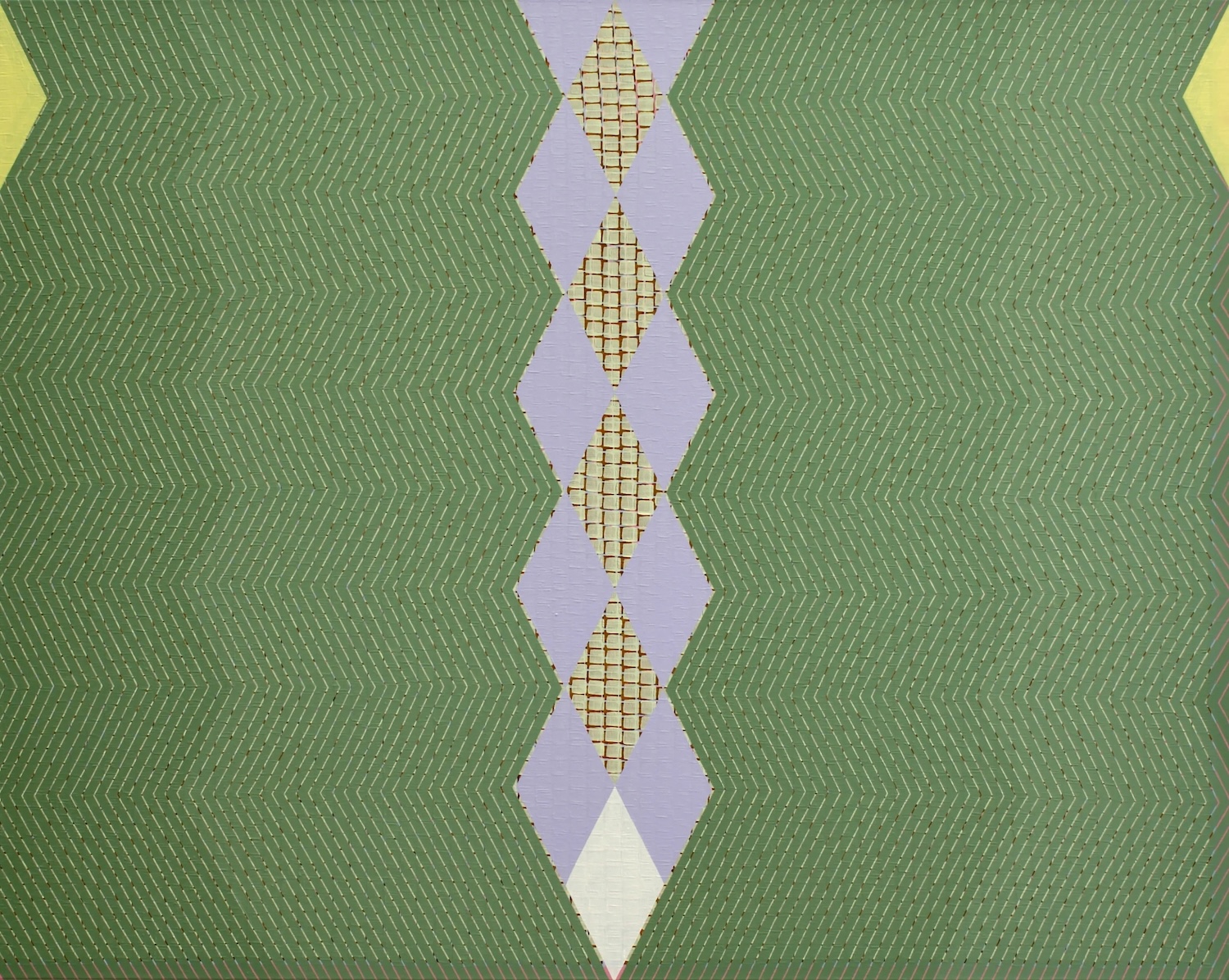 Helen Blake: Let the rules be soft | Thursday 4 September  – Tuesday 30 September 2025 | Molesworth Gallery | Image: Helen Blake, 'Gold fillings', oil on linen, 40 x 30cm | though the work is in oils, it looks very much as though it is sown fabric; we see stitching-edged broad lines of a darkish green; this is to the left and right of a central form which rises a bit like a Brancusi column or a totem pole, or a funky tie; again signs of stitching, on the sides of light-purple diamond-shaped patches, with running down the middle, what looks somewhat like diamond-shaped views of … corn on the cob, or teeth, or… 