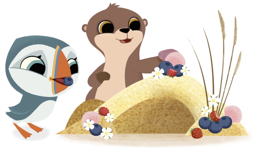 Puffin Rock Habitats | Saturday 18 October 2025  – Sunday 4 January 2026 | Mermaid Arts Centre | Image: bright cartoon-style depiction of a puffin and an otter (maybe) interacting happily with some plants / sea life 