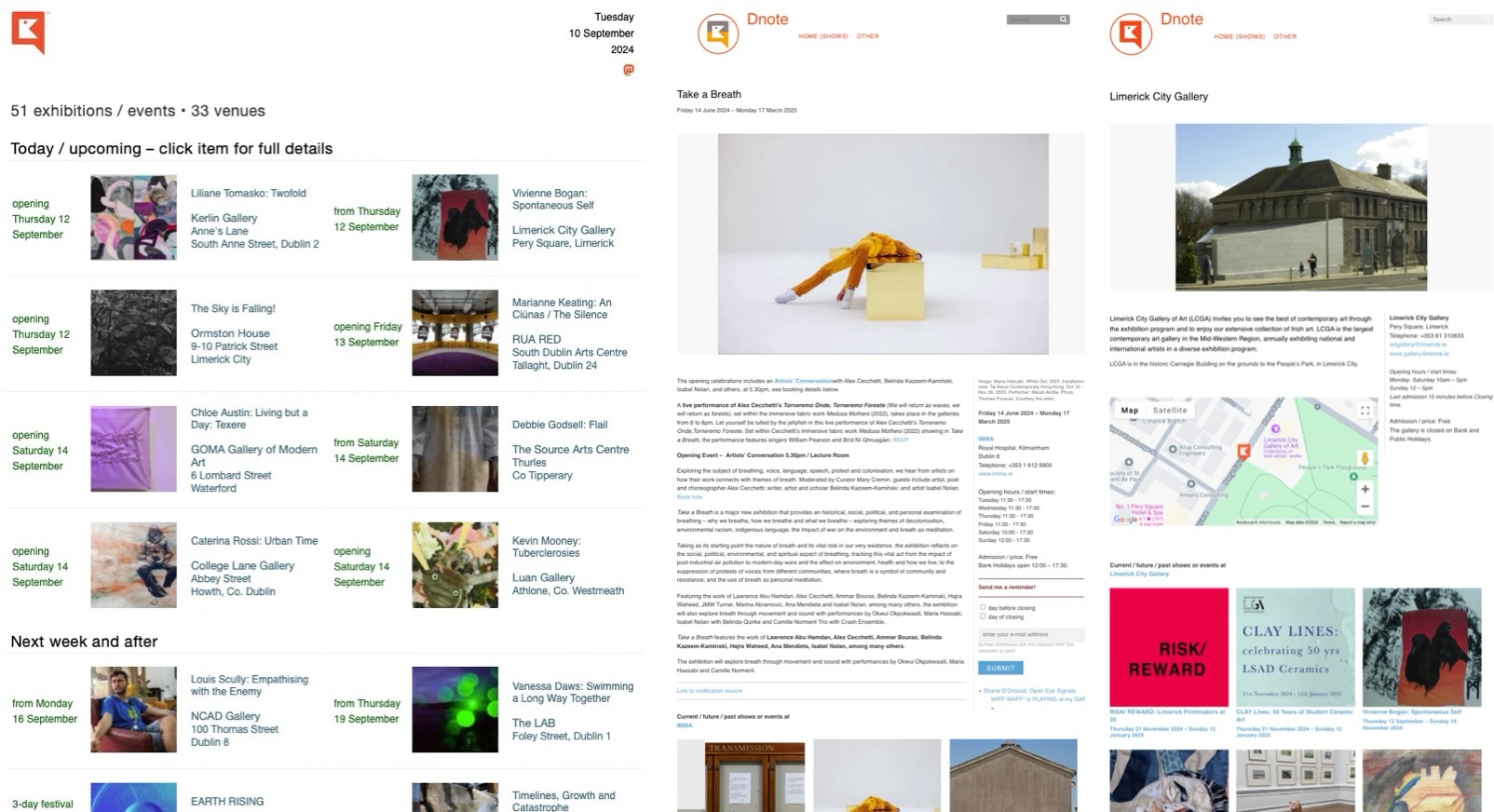 Three images side by side – one showing some content from a typical mailshot; the middle one showing a typical Dnote entry for an exhibition; and the third image a typical entry for a venue