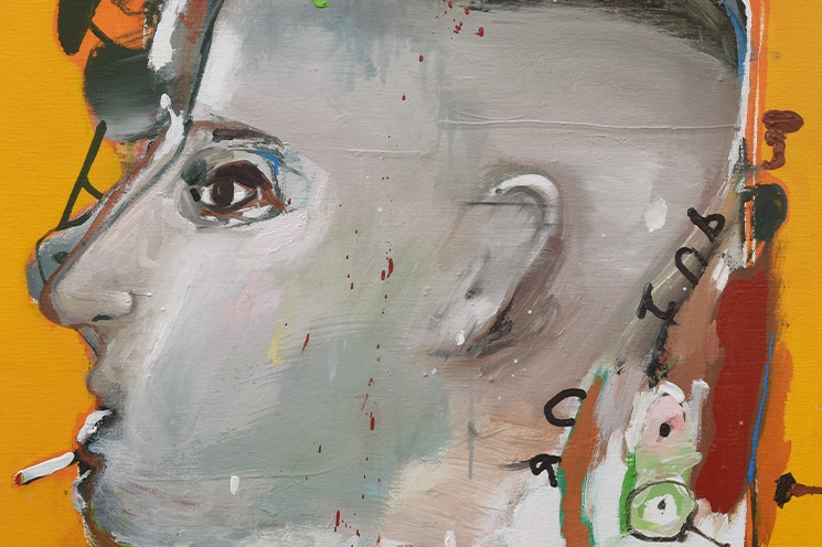 Brian Harte, Jamie, Oil on Canvas, 80 x 70cm, 2025 | Brian Harte: For Smart Living | Saturday 22 November 2025  – Sunday 8 February 2026 | Butler Gallery | Image: Brian Harte, Jamie, Oil on Canvas, 80 x 70cm, 2025 | painting shows a face viewed in profile, looking to our left, filling the canvas; there is a strong orange background, but there are also various shapes that are hard to interpret against the edges of the face; it is possible that the figure is spoking; left eye open, grey skin, possible cigarette in the mouth, probably cropped hair 