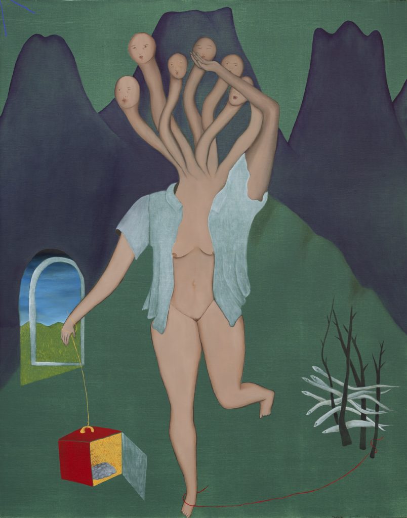 Cecilia Vicuña, Medusa, 1972/2023, oil on canvas. 91.44 x 71.12 cm. Private collection. Courtesy the artist and Xavier Hufkens, Brussels. Photo: Thomas Merle. © 2025 Cecilia Vicuña. | Cecilia Vicuña: Reverse Migration a Poetic Journey | Friday 7 November 2025  – Sunday 5 July 2026 | IMMA | Image: Cecilia Vicuña, Medusa, 1972/2023, oil on canvas. 91.44 x 71.12 cm. Private collection. Courtesy the artist and Xavier Hufkens, Brussels. Photo: Thomas Merle. © 2025 Cecilia Vicuña | painting of a seven-(bald-)headed figure with mostly bare body frolicking apparently mountainous territory; the right hand holds a lead or leash that leads down to a red box with gold interior, apparently a sort of cage, one from which, possibly, the seven pale fish we see swimming among bare trees in the distance may have escaped or been released; a red line or thread links these black trees and the right foot of the happy dancer, if that is happiness; there is a window to the left, piercing a hill and a mountain; it is open; through it we see sky and hills 