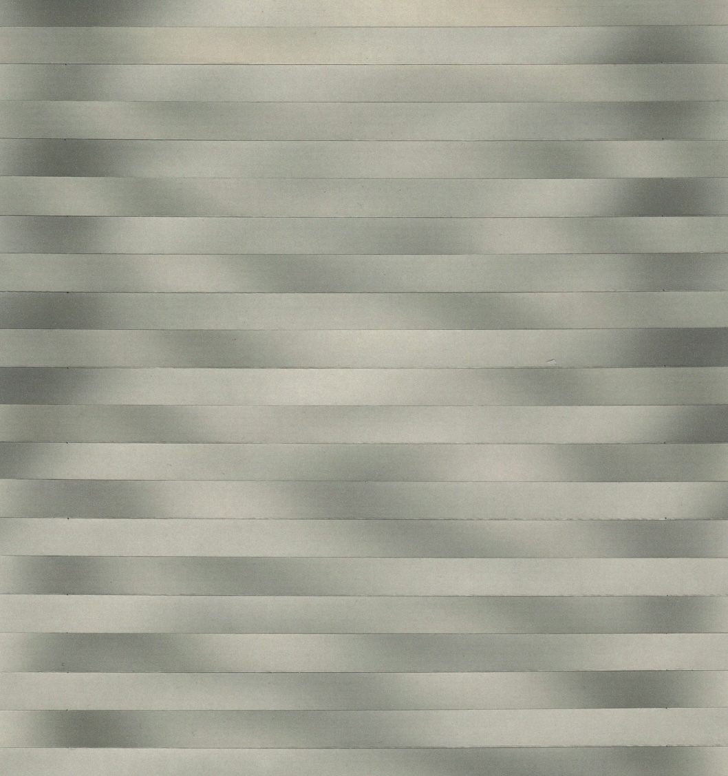 Isabel English: first-person | Saturday 1 November  – Saturday 29 November 2025 | GOMA Gallery of Modern Art | Image: slightly pale tan- or lemon-coloured greyscale bands, maybe 20 of them down the image, purely horizontal, with multiple gradients from dark to light and back; like some sort of interference pattern, with a hint of something being hidden 