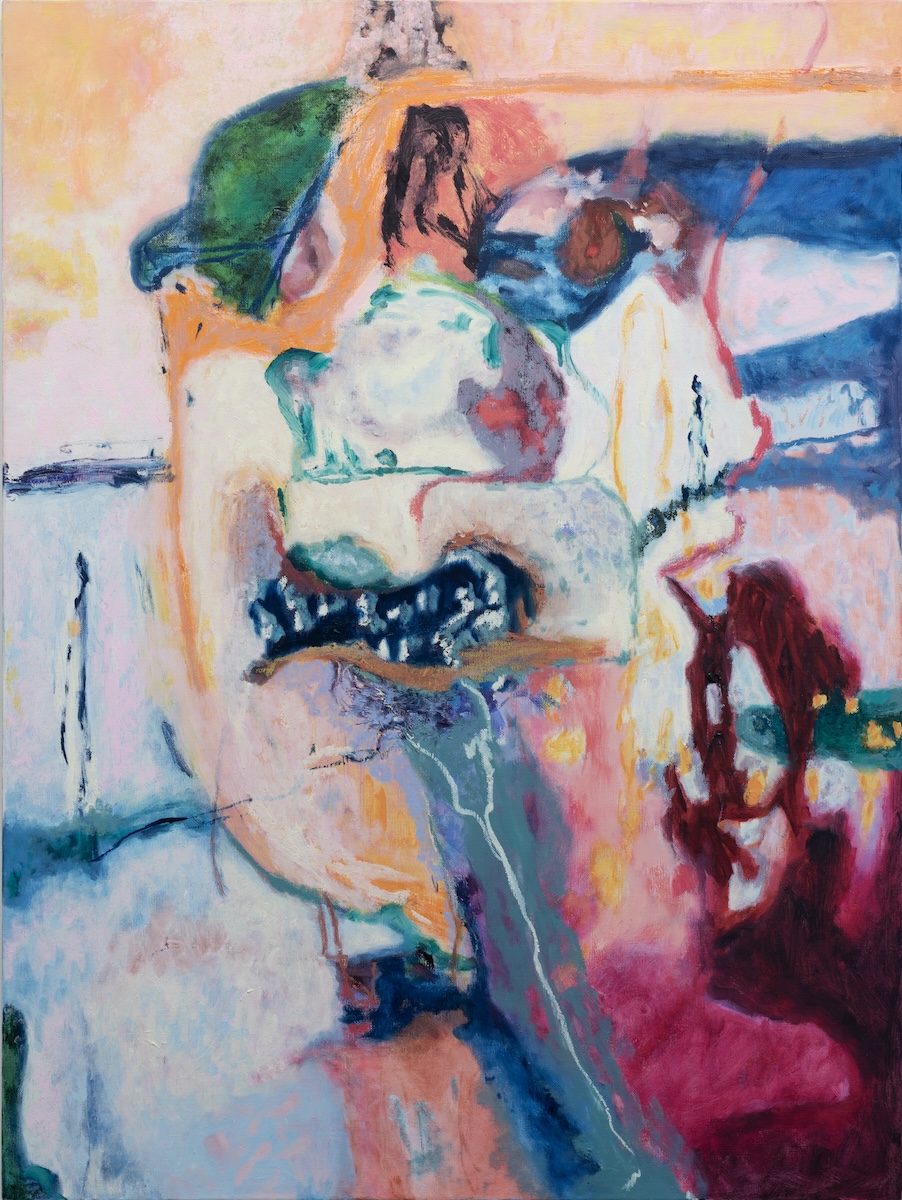 Sarah Dwyer, Lumber Out, 2025, Oil and Oil Bar on Linen | Sarah Dwyer: Penti Menti | Saturday 15 November 2025  – Tuesday 27 January 2026 | Uillinn: West Cork Arts Centre | Image: Sarah Dwyer, Lumber Out, 2025, Oil and Oil Bar on Linen | it could be taken as a purely abstract artwork, but it is hard not to detect something like a face looking out at us – two eyes, something like a nose, something even more like a mouth with uneven rows of teeth, and something somewhat resembling a dog and its shadow towards the right; the colour scheme is quite saturated and tonally from very dark blue to white or almost white; shapes are very ambiguous; brushstrokes visible, some layering of colours 