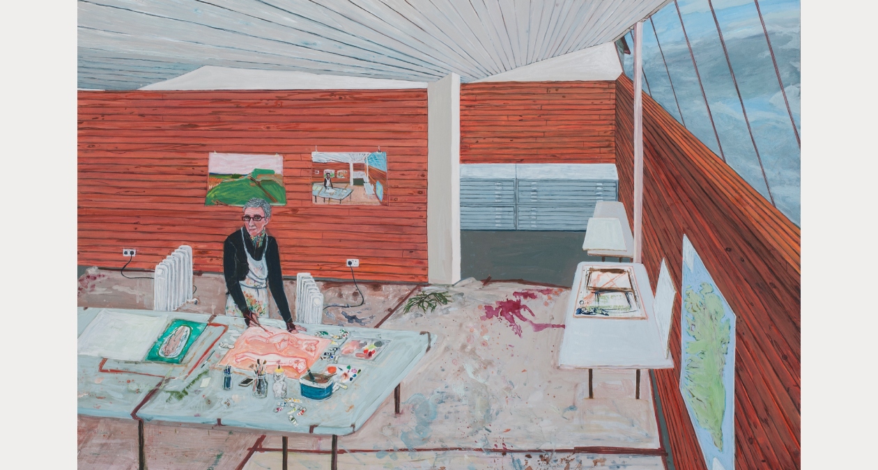 Sarah McEneaney, Ballinglen Studio, 2016, Acrylic on yupo mounted on wood, 12.7 x 58.5cm, Image cour | Sarah McEneaney: Here and There | Friday 21 November 2025  – Sunday 25 January 2026 | Royal Hibernian Academy | Image: Sarah McEneaney, Ballinglen Studio, 2016, Acrylic on yupo mounted on wood, 12.7 x 58.5cm, Image courtesy the artist and Tibor de Nagy Gallery, New York, Photography John Carlano | possibly the artist depicted in a studio in Ballinglen – we see a figure at a table in the middle of a large but apparently cold studio – we see two heaters plugged in; the artist is painting, right hand holding a brush and a pinkish painting is in process on the table; various art accoutrements lie around; the walls are mostly of wood; there is a window high up on the right through which we seem to see clouds  