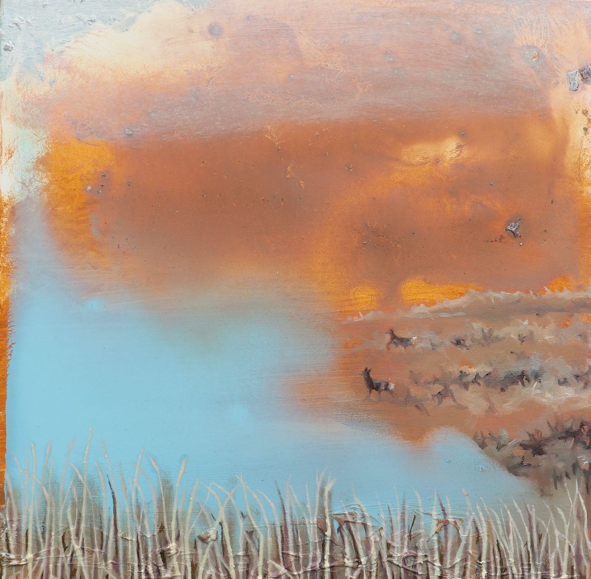 Ann Quinn: The Hunt, 2024, oil on panel, 15.2 x 15cm | Ann Quinn: The Last Wolf | Friday 10 October  – Saturday 1 November 2025 | Taylor Galleries | Image: Ann Quinn: The Hunt, 2024, oil on panel, 15.2 x 15cm |  we see a natural but also somewhat post-apocalyptic landscape – reeds in the foreground, blue fog / mist / smoke rising behind them, then what may be two wolves on a hillside, possibly chasing some prey, then a very threatening sky, because so orange, all toped by a gentle cloud 