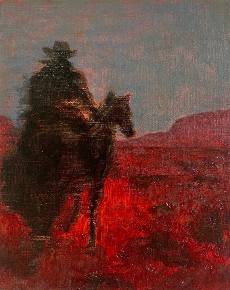Karl Hagan, Follow Him Where He Goes, unique, oil on linen, 25 x 20cm | New Wave | Saturday 11 October  – Saturday 1 November 2025 | SO Fine Art Editions | Image: Karl Hagan, Follow Him Where He Goes, unique, oil on linen, 25 x 20cm | silhouette of cowboy (presumably) on horseback against a background of a very red desert and a blue-grey sky; a glow seems to come from the surface of the desert behind the horse; judging by the brown-black shapes, the horse is moving away from use; horse and human take up about a third of the canvas area, the sky a third, the desert (and hills) a third; brushstrokes very visible, as is the simple layering 