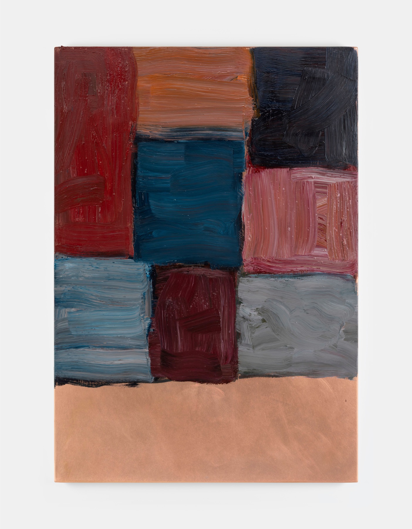 Sean Scully Wall Dark Pink 2025 oil on copper 100 x 70 x 3.85 cm /39.4 x 27.6 x 1.5 in | Sean Scully: Tapestry | Friday 28 November 2025  – Saturday 24 January 2026 | Kerlin Gallery | Image: Sean Scully Wall Dark Pink 2025 oil on copper 100 x 70 x 3.85 cm /39.4 x 27.6 x 1.5 in | nine interlocking rectangular shapes in fairly muted colours, painted with visible brushstrokes 