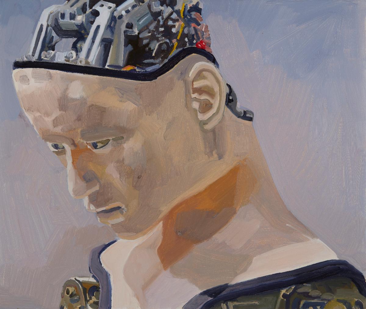 Colin Martin, Humanoid, 2022. Image courtesy of the artist | Science Week at Luan Gallery: Systems and Cyborgs | Tuesday 11 November  – Saturday 15 November 2025 | Luan Gallery | Image: Colin Martin, Humanoid, 2022. Image courtesy of the artist | in the painting we see head an shoulders of what appears to be a normal human, viewed from the left, slightly to the front – except that the top of the head has been removed and we see mechanisms and circuitry; we also glimpse mechanics at the top of the two arms  