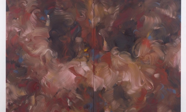 Erin Lawlor: divining | Saturday 6 December 2025  – Saturday 24 January 2026 | The Source Arts Centre | Image: swirls of Renaissance-coloured paint, like a doom-laden cloud our a Raphael painting in a swirling blender; two panels, vertical, pressed against each other 