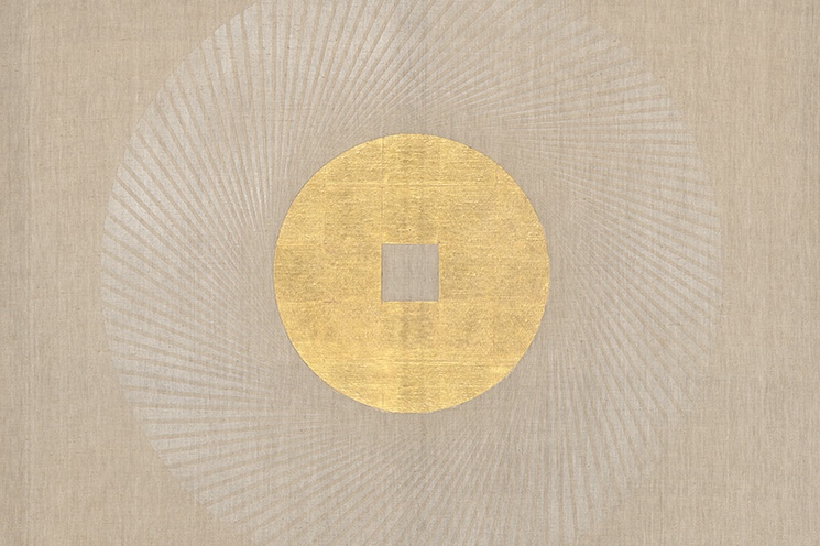 Patrick Scott, 'Gold Painting', 1979, gold leaf & tempera on unprimed canvas, 121 x 121cm (Detail) | Kilkenny Design Workshops: A 60th Anniversary Celebration | Saturday 15 November 2025  – Sunday 11 January 2026 | Butler Gallery | Image: Patrick Scott, 'Gold Painting', 1979, gold leaf & tempera on unprimed canvas, 121 x 121cm (Detail) | mostly raw canvas, probably, but in the middle a 'sun'  – a gold disk with a square in the middle, its sides about a quarter the diameter of the disk; radiating from this ‘sun’ are pale white rays forming an outer disk; they are in a slight swirl, as though the sun disk is turning 
